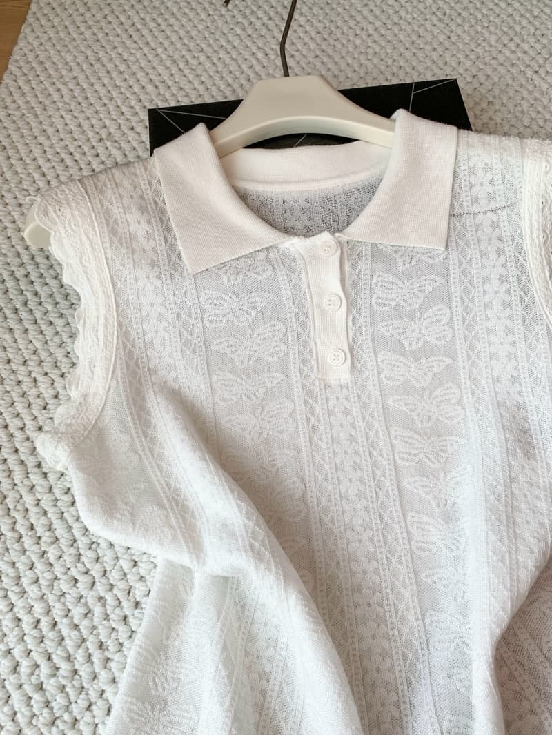 오래된 돈 바람 화이트 자카드 폴로 칼라 조끼 여성 여름 새로운 레이스 Feifei 소매 POLO 셔츠 프랑스식 민소매 작은 맨위 상세 이미지 4