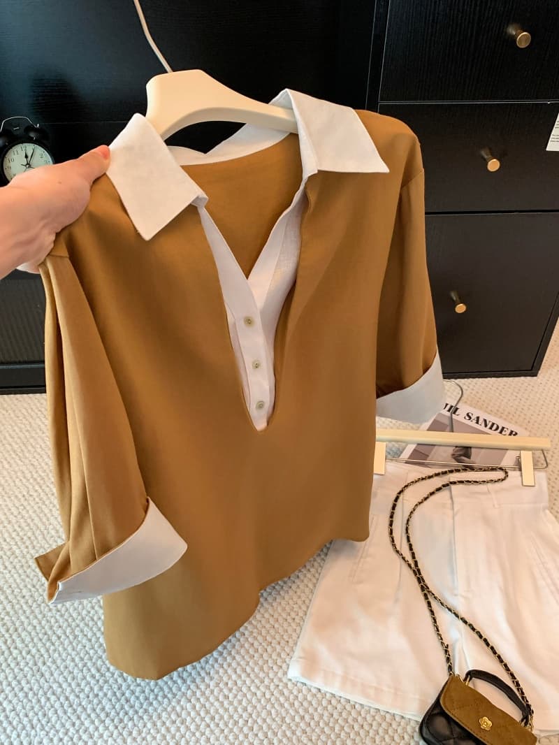 오래된 돈 바람 polo 폴로 칼라 패치워크 페이크 레이어드 아마 여성 셔츠 2026 이른 가을 루즈핏 다용도 슬림해 보이는 맨위 상세 이미지 1