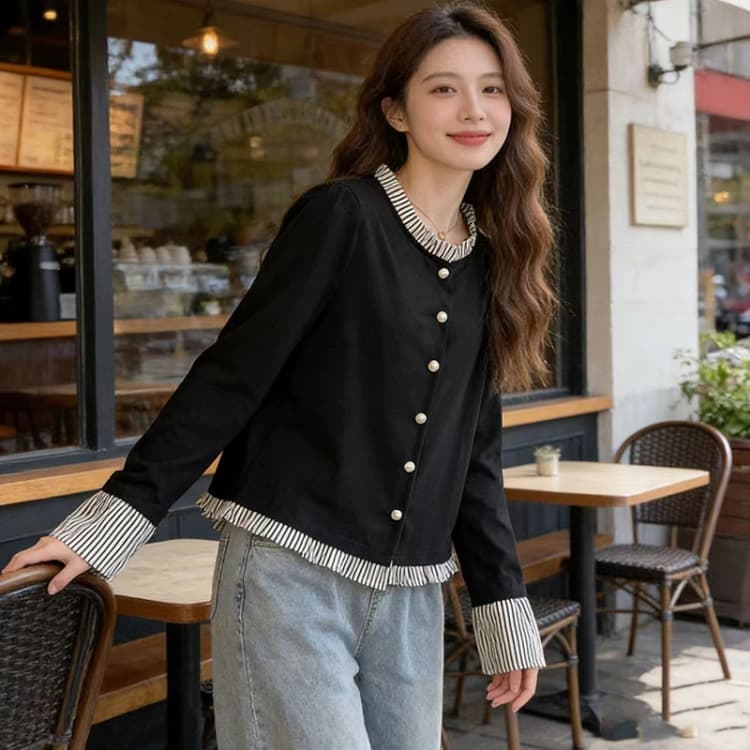 봄과 가을 옷 새로운 지방 mm 200 kg Chic 패치워크 페이크 레이어드 빅 사이즈 여성 의류 루즈핏 슬림해 보이는 긴팔 티셔츠 맨위 상세 이미지 2
