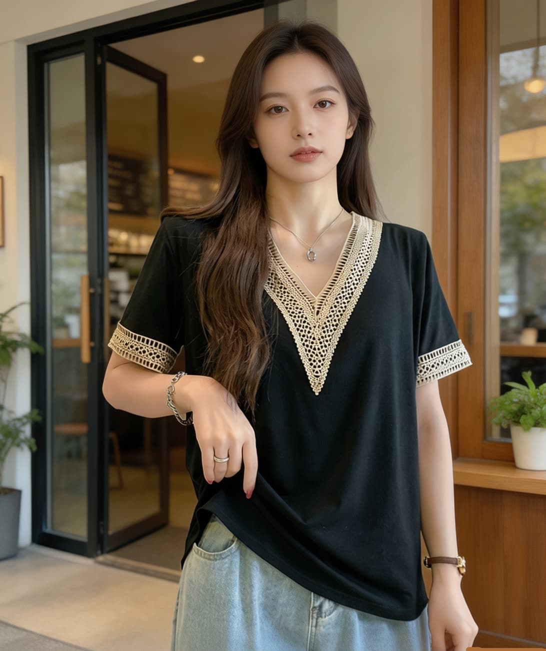 2026 여름 드레스 새로운 지방 mm 루즈핏 슬림해 보이는 V넥 품격 디자인 센스 Chic 빅 사이즈 여성 의류 반팔 티셔츠 트렌디 상세 이미지 1