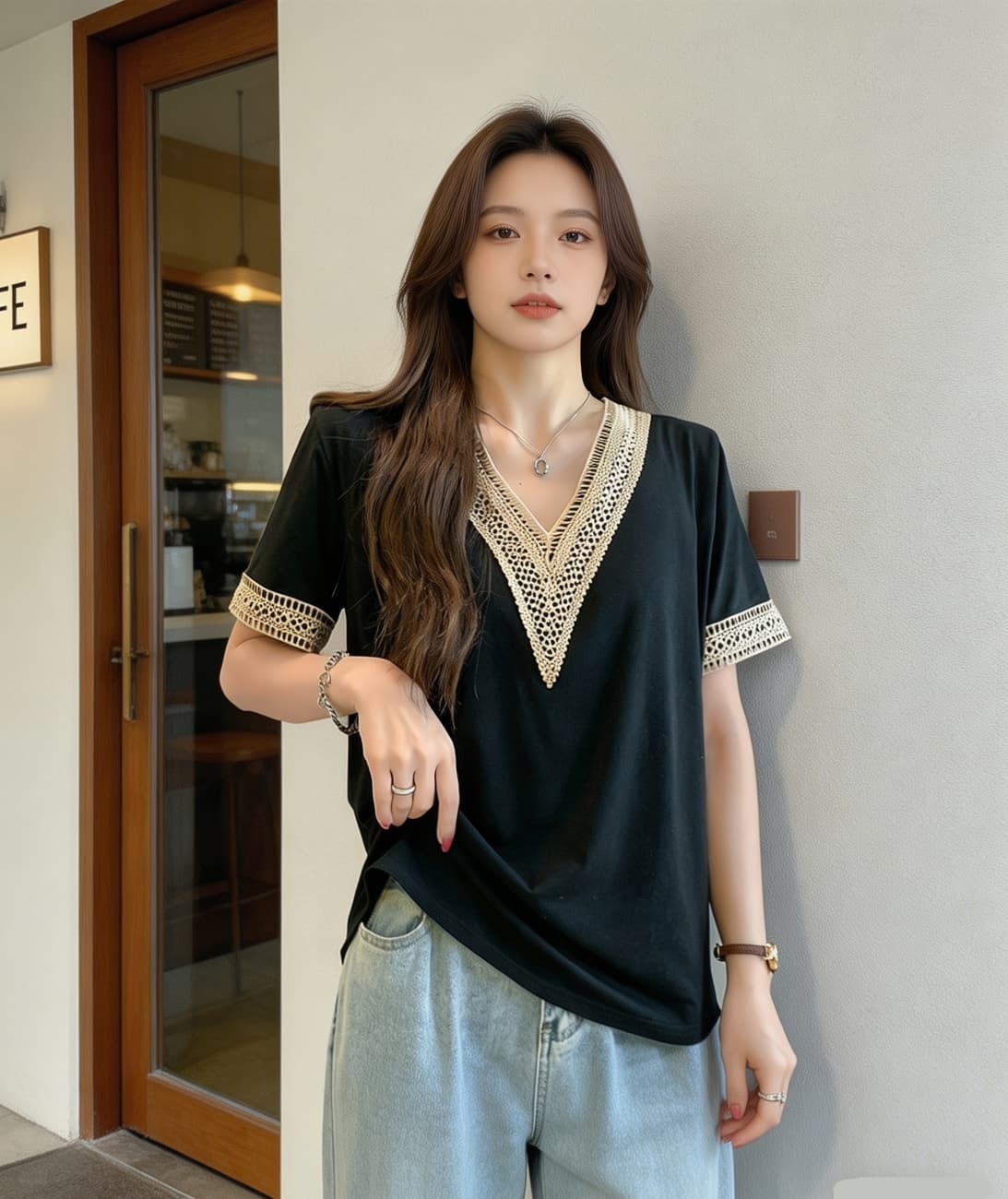 2026 여름 드레스 새로운 지방 mm 루즈핏 슬림해 보이는 V넥 품격 디자인 센스 Chic 빅 사이즈 여성 의류 반팔 티셔츠 트렌디 상세 이미지 4