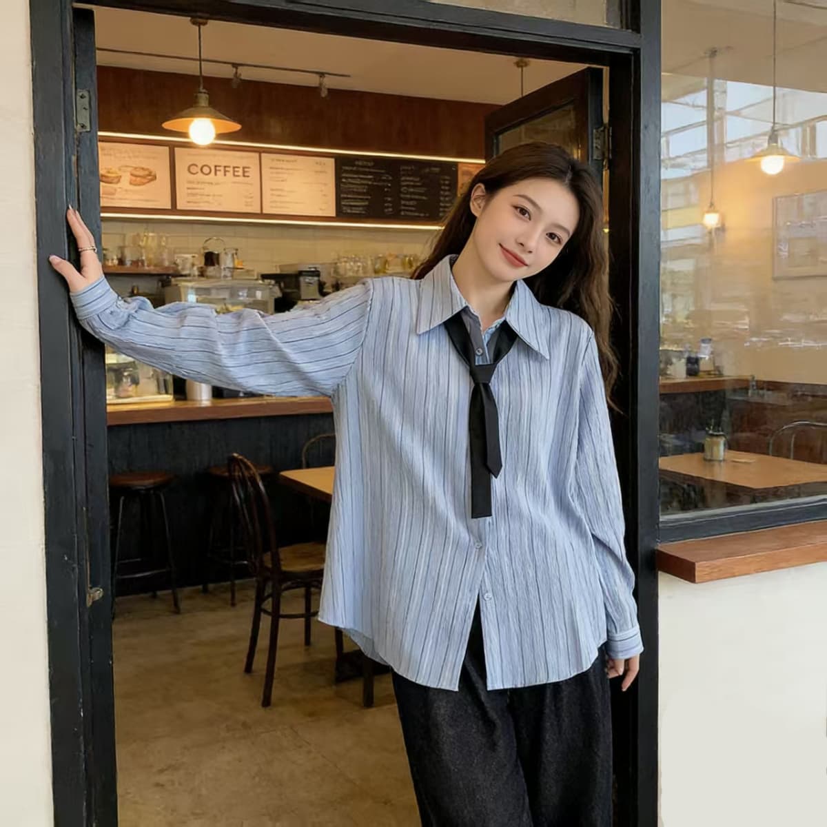 실사 봄 새로운 빅 사이즈 여성 의류 스트라이프 질감 센스 폴로 칼라 긴팔 셔츠 지방 mm 루즈핏 슬림해 보이는 맨위 트렌디 이미지 4