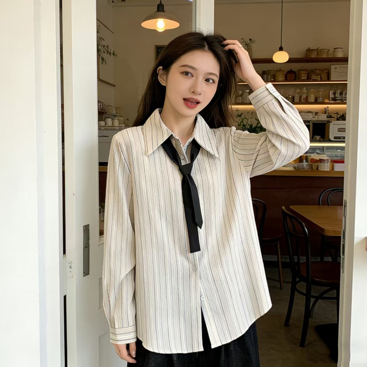 실사 봄 새로운 빅 사이즈 여성 의류 스트라이프 질감 센스 폴로 칼라 긴팔 셔츠 지방 mm 루즈핏 슬림해 보이는 맨위 트렌디 이미지 5