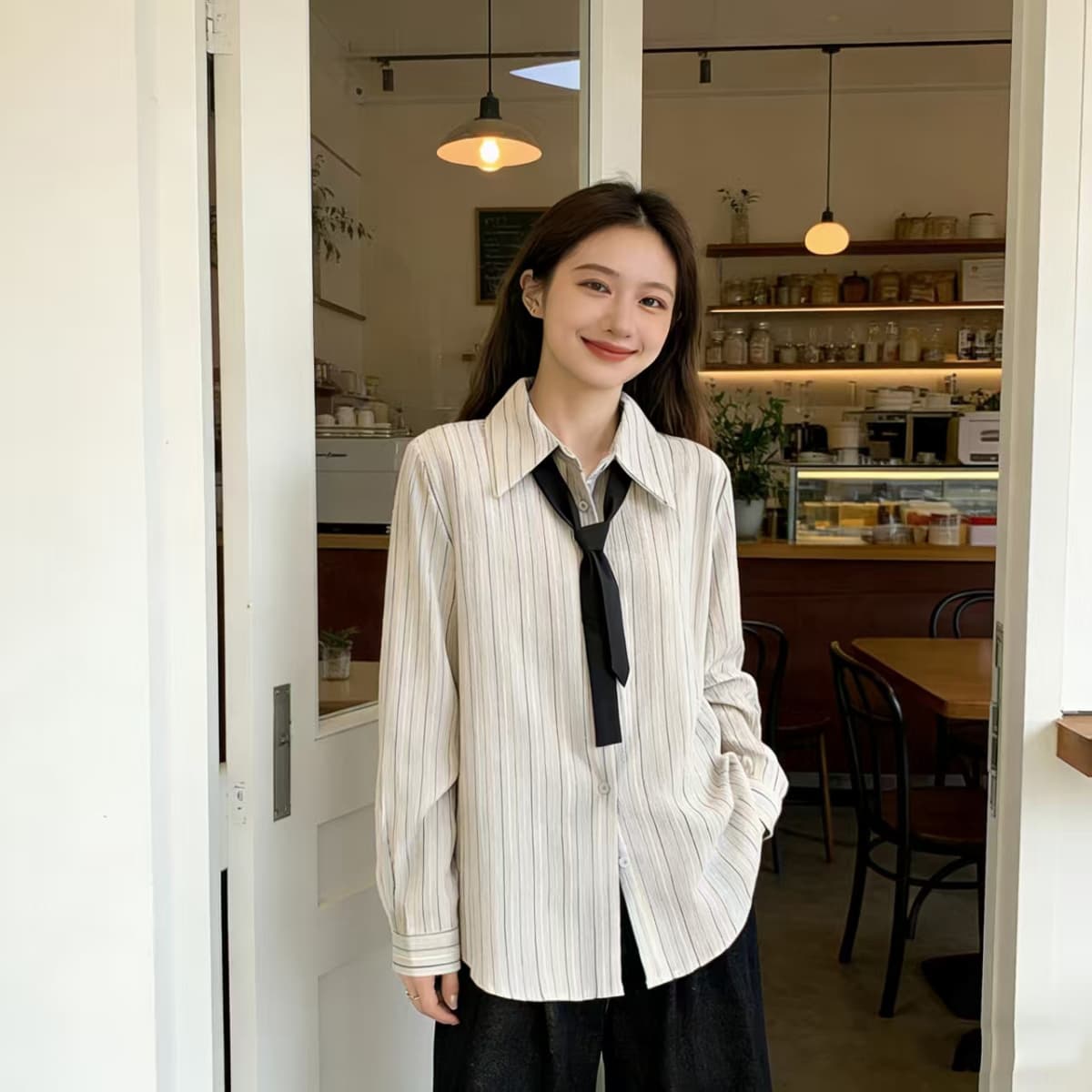 실사 봄 새로운 빅 사이즈 여성 의류 스트라이프 질감 센스 폴로 칼라 긴팔 셔츠 지방 mm 루즈핏 슬림해 보이는 맨위 트렌디 이미지 2
