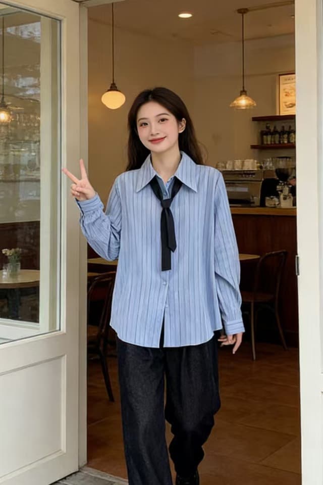 실사 봄 새로운 빅 사이즈 여성 의류 스트라이프 질감 센스 폴로 칼라 긴팔 셔츠 지방 mm 루즈핏 슬림해 보이는 맨위 트렌디 이미지 6