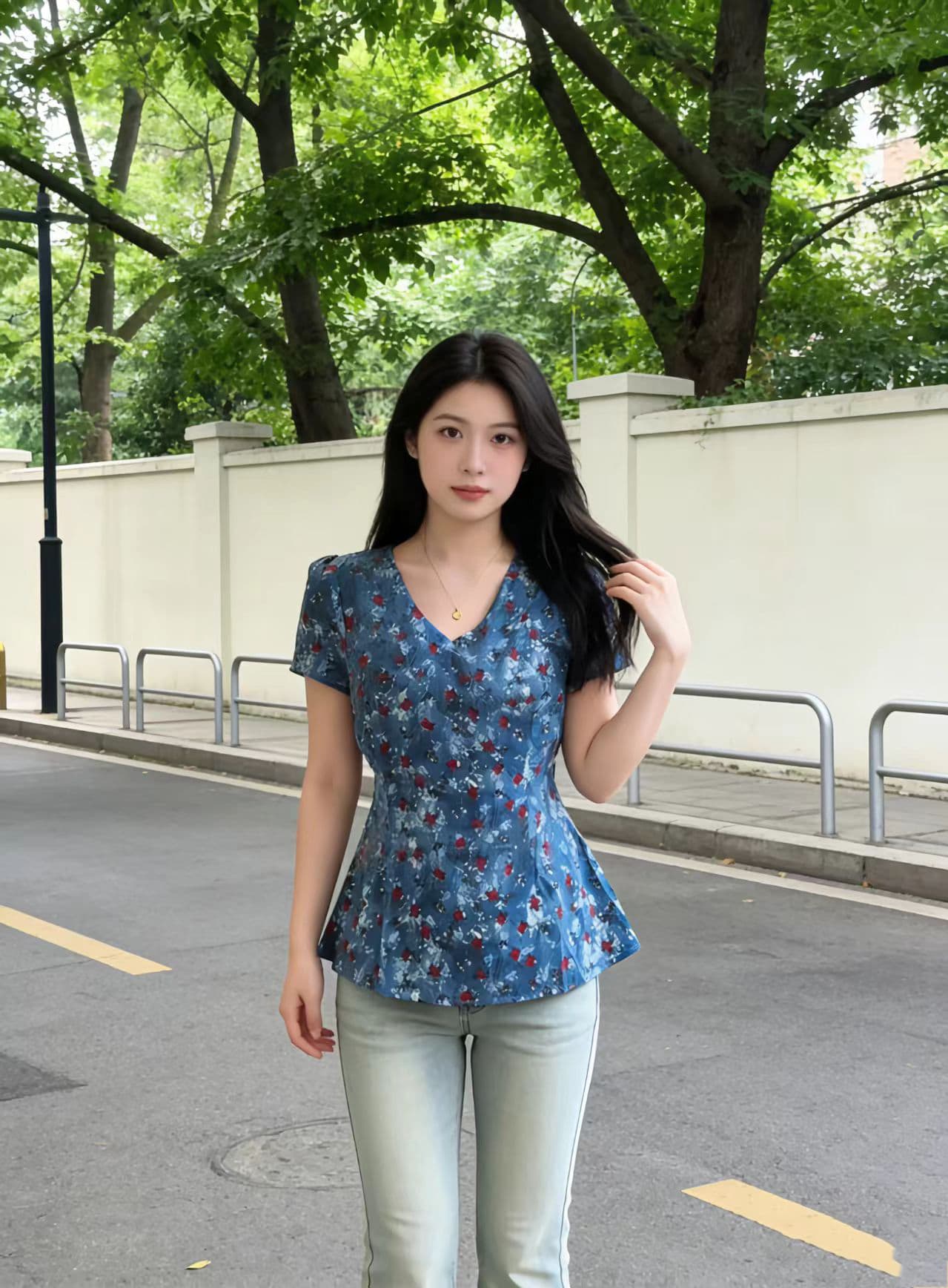 실사 여름 새로운 슬림해 보이는 V넥 셔츠 한국 스타일 작은 꽃무늬 반팔 맨위 고급 센스 다용도 빅 사이즈 여성 의류 티셔츠 상세 이미지 1