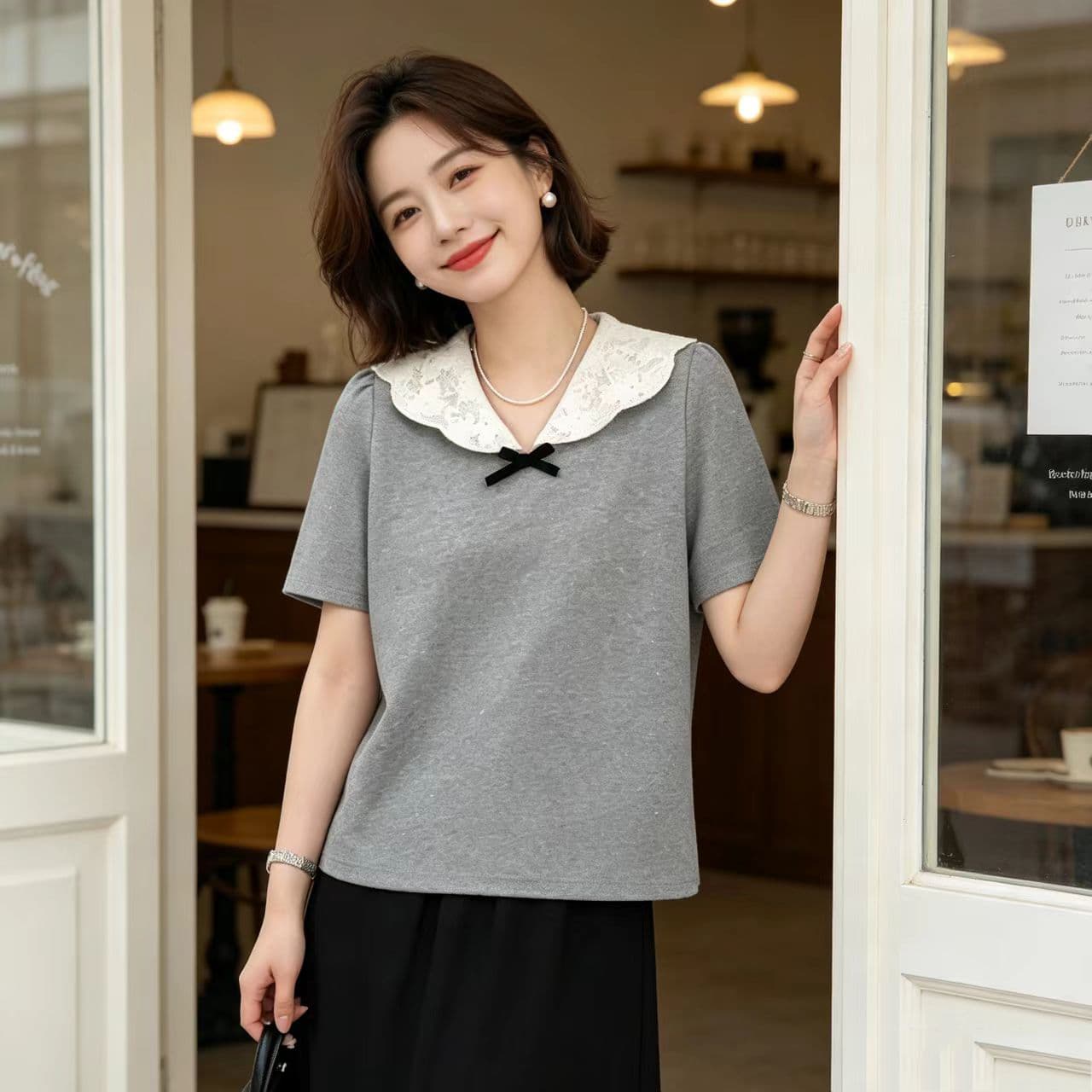 실사 2026 여름 드레스 새로운 지방 mm 루즈핏 슬림해 보이는 품격 고급 센스 베이비 칼라 빅 사이즈 여성 의류 반팔 티셔츠 상세 이미지 2