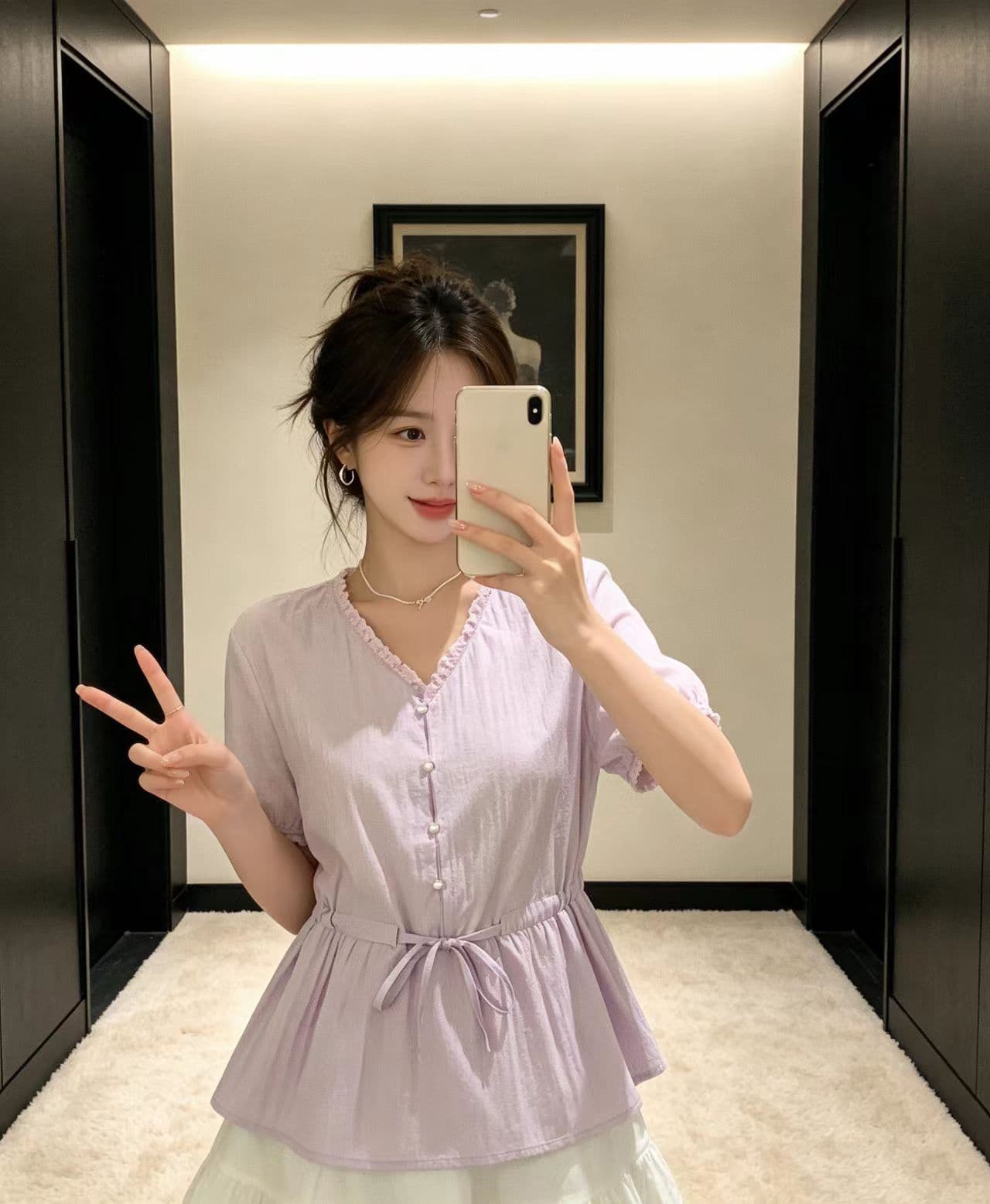 실사 여름 새로운 빅 사이즈 여성 의류 레이스 V넥 반팔 여성 셔츠 지방 mm 고유 한 펌프 로프 허리 수축 맨위 이미지 2