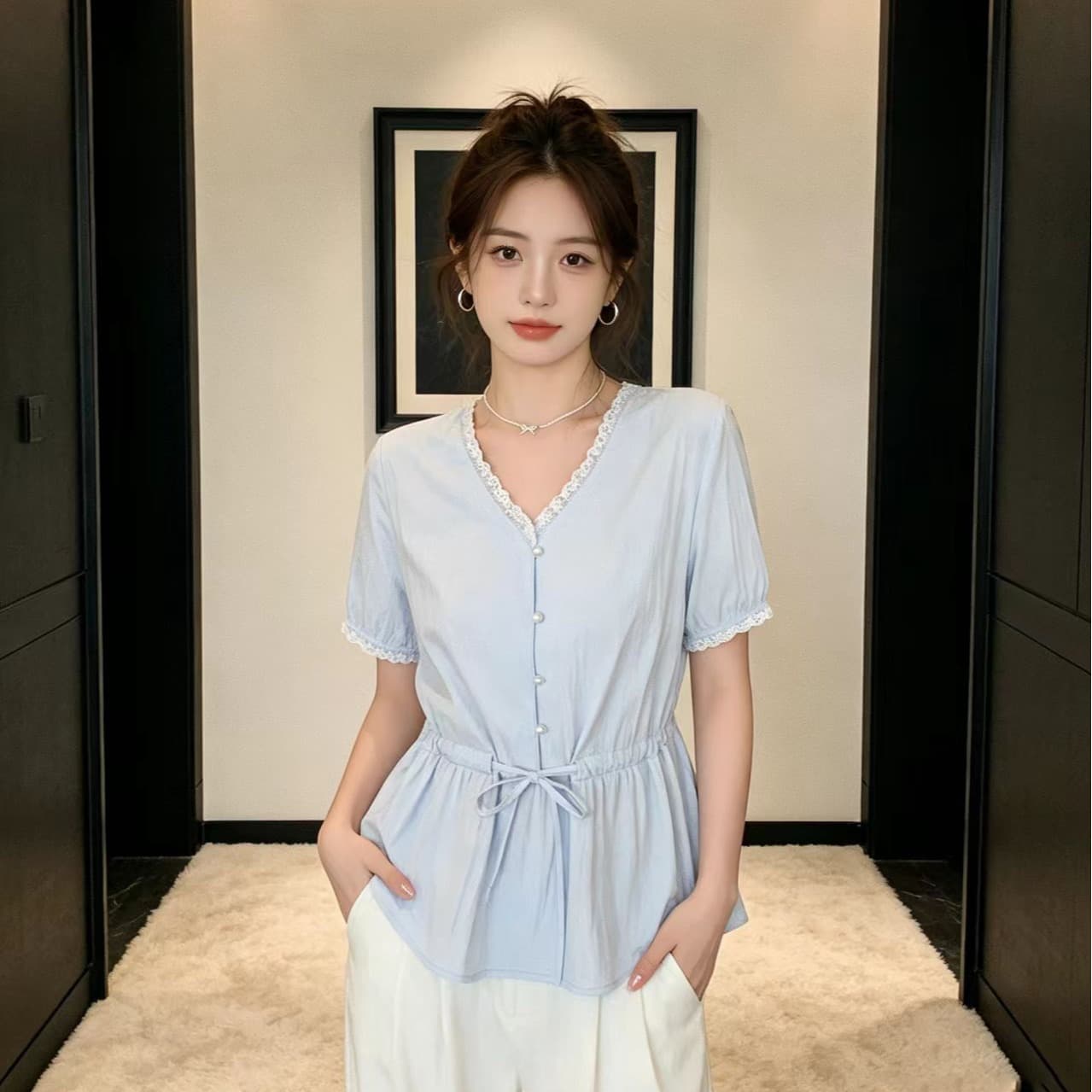 실사 여름 새로운 빅 사이즈 여성 의류 레이스 V넥 반팔 여성 셔츠 지방 mm 고유 한 펌프 로프 허리 수축 맨위 이미지 5