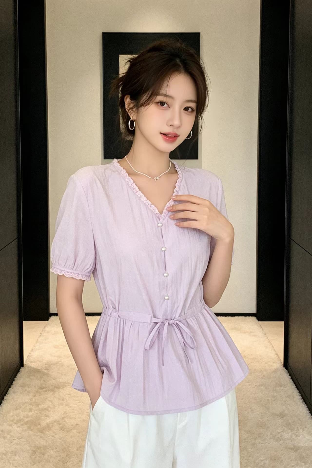 실사 여름 새로운 빅 사이즈 여성 의류 레이스 V넥 반팔 여성 셔츠 지방 mm 고유 한 펌프 로프 허리 수축 맨위 이미지 6