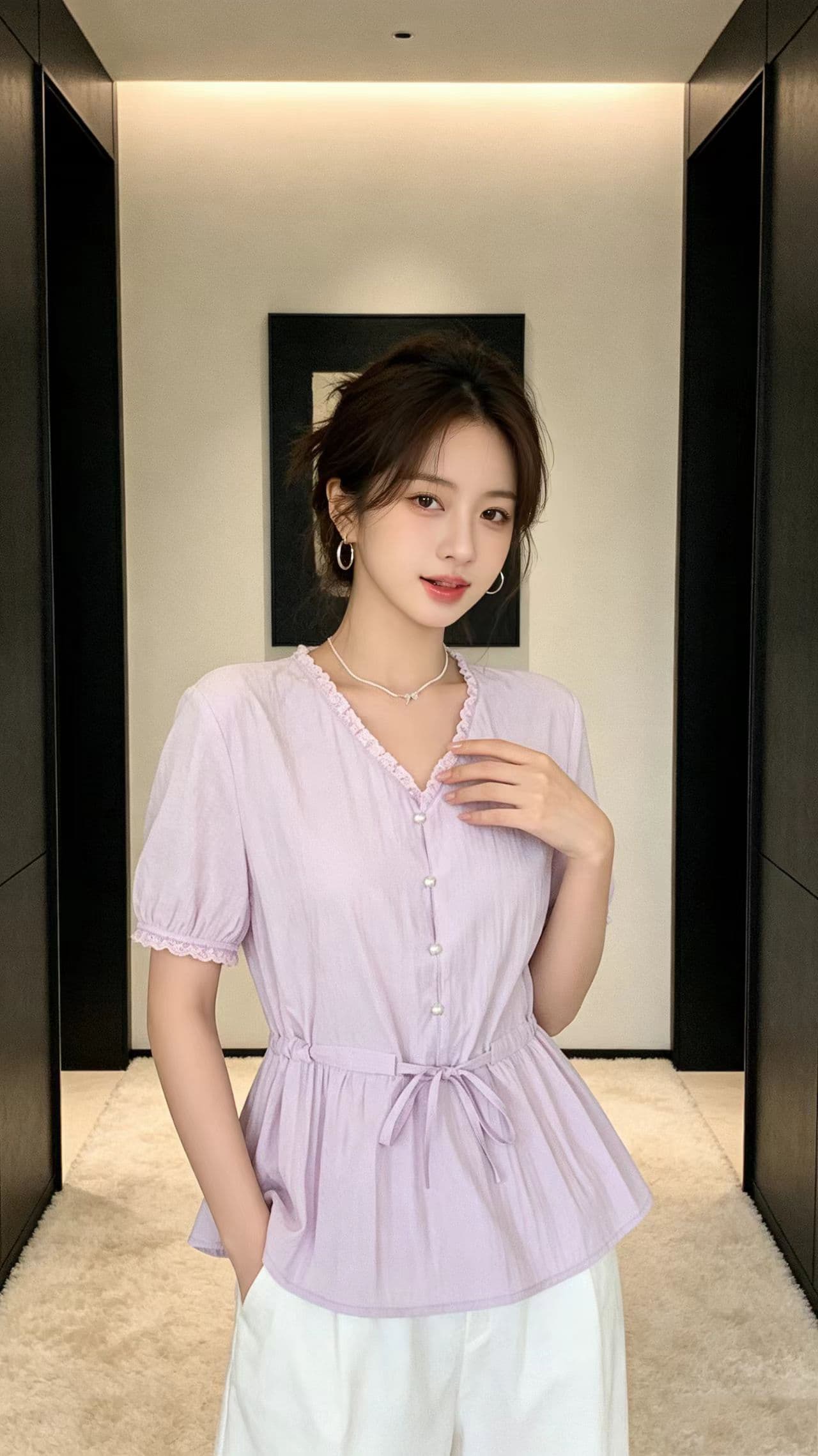 실사 여름 새로운 빅 사이즈 여성 의류 레이스 V넥 반팔 여성 셔츠 지방 mm 고유 한 펌프 로프 허리 수축 맨위 상세 이미지 3