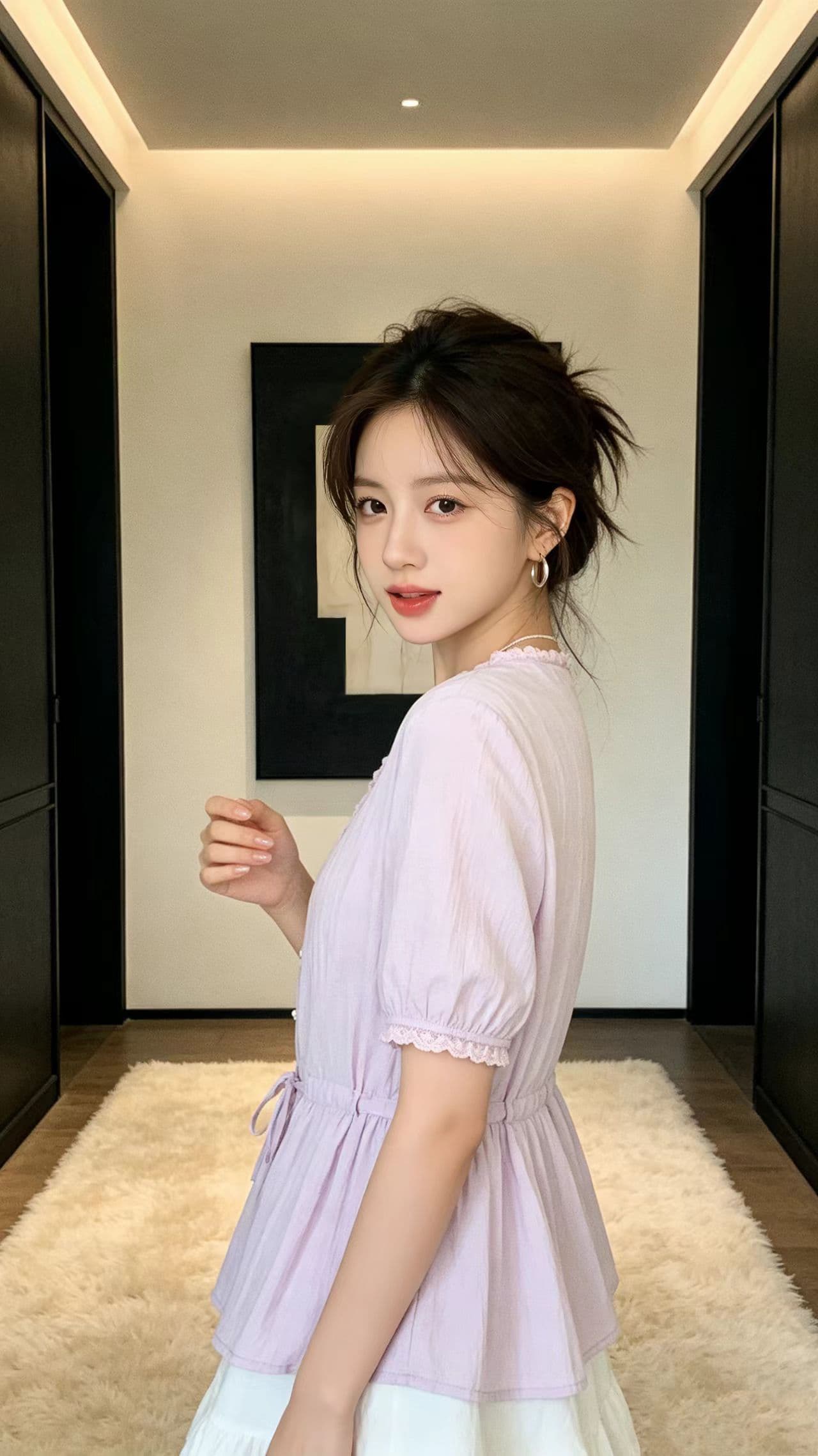 실사 여름 새로운 빅 사이즈 여성 의류 레이스 V넥 반팔 여성 셔츠 지방 mm 고유 한 펌프 로프 허리 수축 맨위 상세 이미지 5