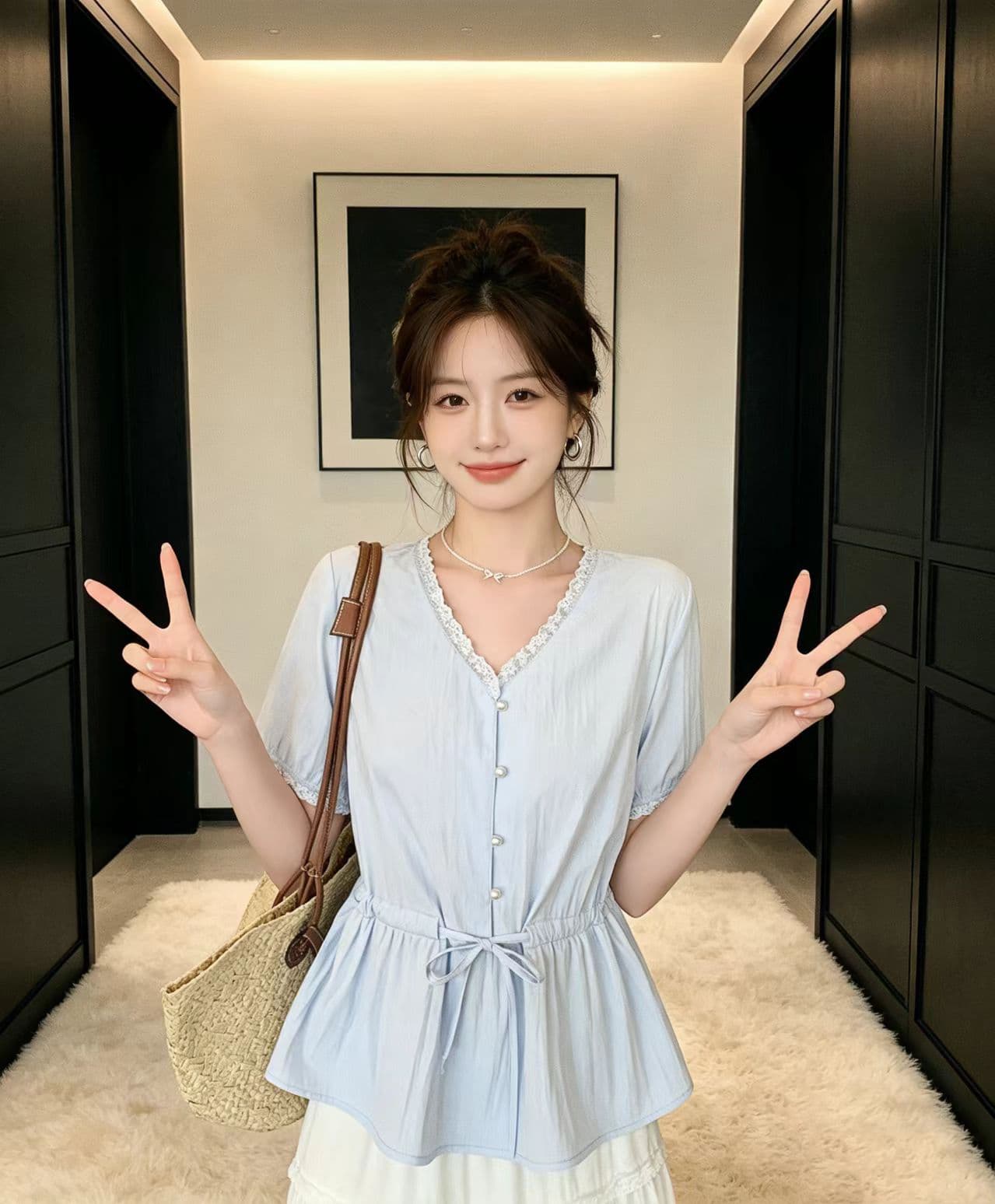 실사 여름 새로운 빅 사이즈 여성 의류 레이스 V넥 반팔 여성 셔츠 지방 mm 고유 한 펌프 로프 허리 수축 맨위 상세 이미지 6