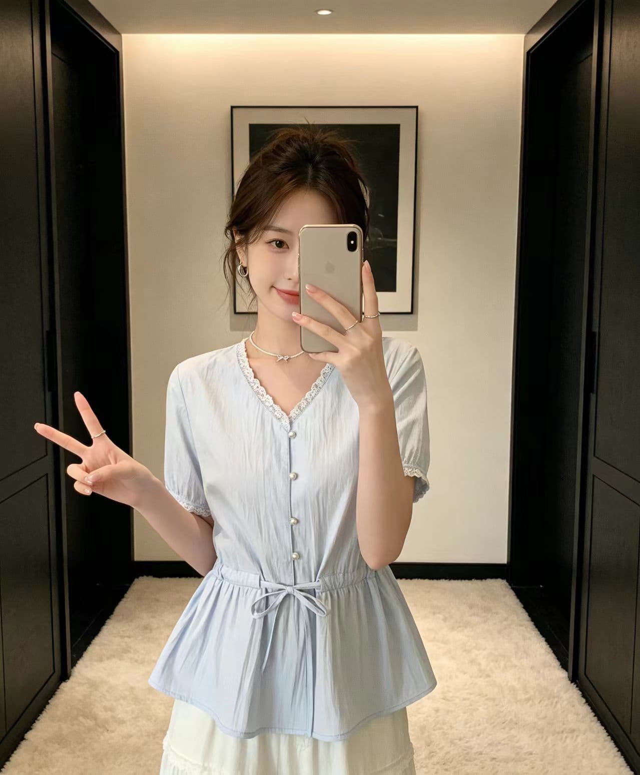 실사 여름 새로운 빅 사이즈 여성 의류 레이스 V넥 반팔 여성 셔츠 지방 mm 고유 한 펌프 로프 허리 수축 맨위 상세 이미지 7