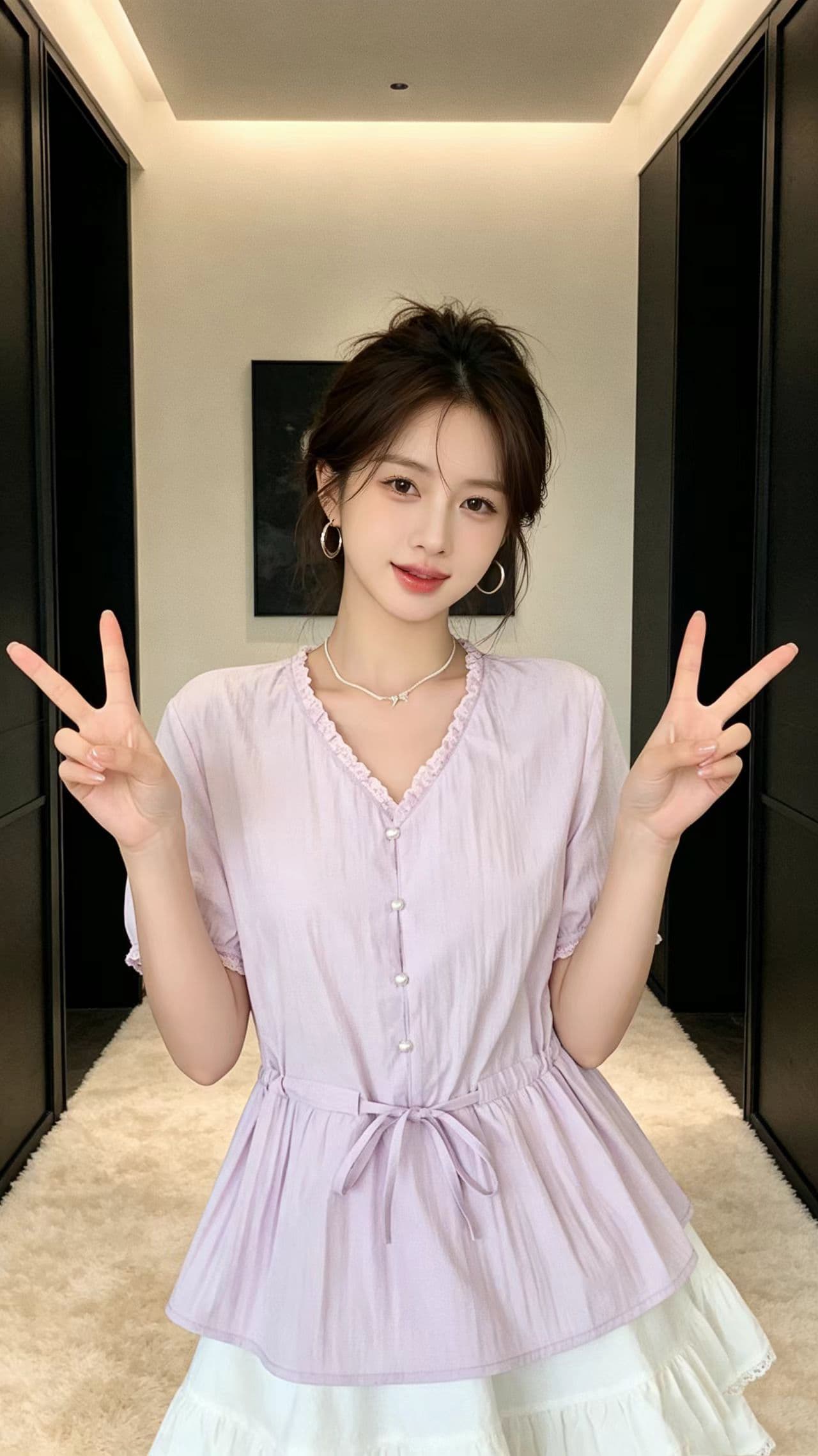 실사 여름 새로운 빅 사이즈 여성 의류 레이스 V넥 반팔 여성 셔츠 지방 mm 고유 한 펌프 로프 허리 수축 맨위 상세 이미지 8