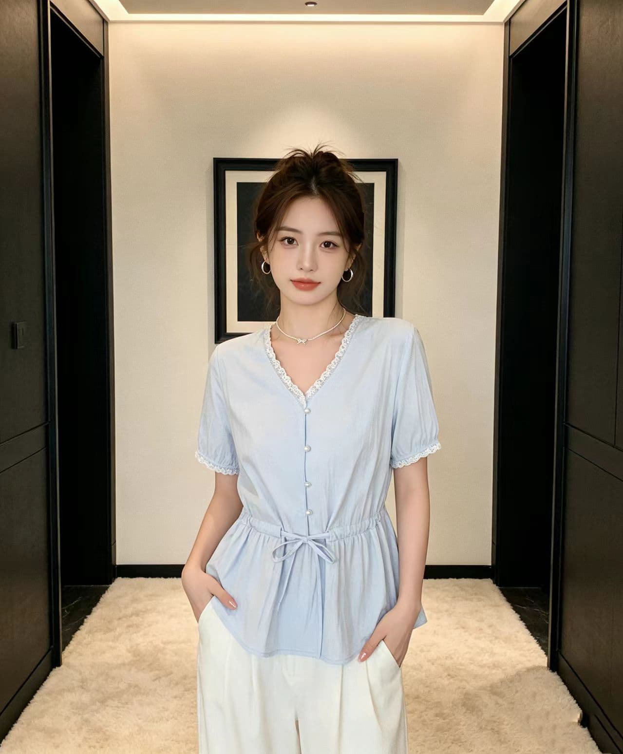 실사 여름 새로운 빅 사이즈 여성 의류 레이스 V넥 반팔 여성 셔츠 지방 mm 고유 한 펌프 로프 허리 수축 맨위 상세 이미지 9