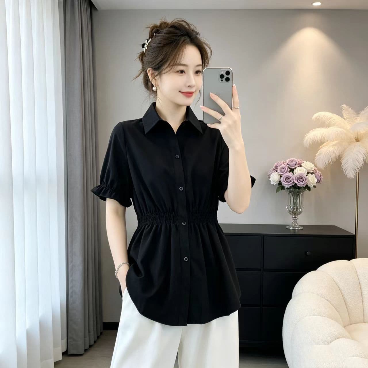 실사 여름 드레스 새로운 지방 mm 루즈핏 슬림해 보이는 고급 센스 셔츠 허리 수축 표지 배 반팔 맨위 빅 사이즈 여성 의류 트렌디 이미지 2