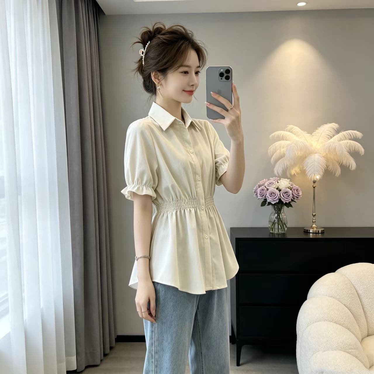 실사 여름 드레스 새로운 지방 mm 루즈핏 슬림해 보이는 고급 센스 셔츠 허리 수축 표지 배 반팔 맨위 빅 사이즈 여성 의류 트렌디 상세 이미지 4