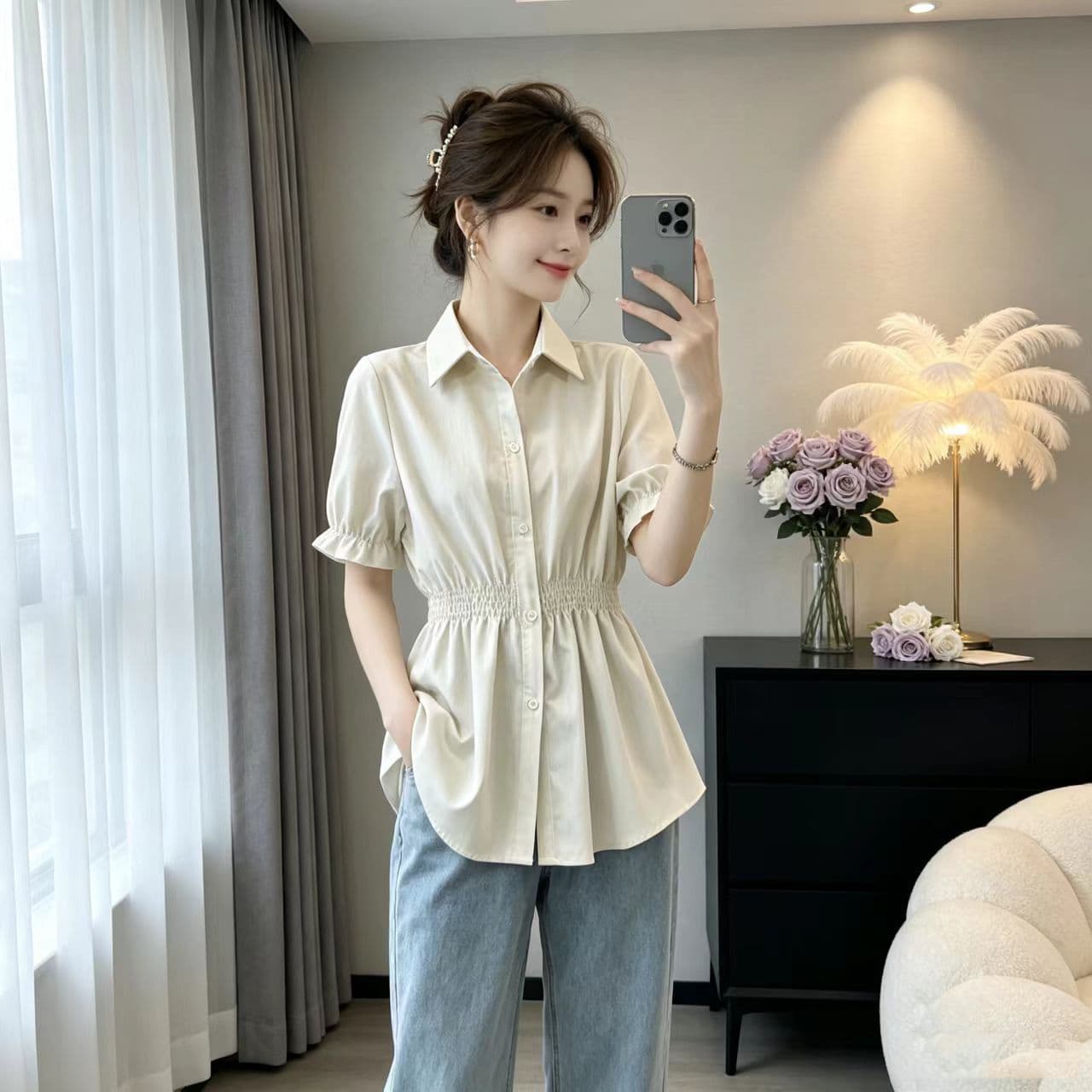 실사 여름 드레스 새로운 지방 mm 루즈핏 슬림해 보이는 고급 센스 셔츠 허리 수축 표지 배 반팔 맨위 빅 사이즈 여성 의류 트렌디 상세 이미지 5