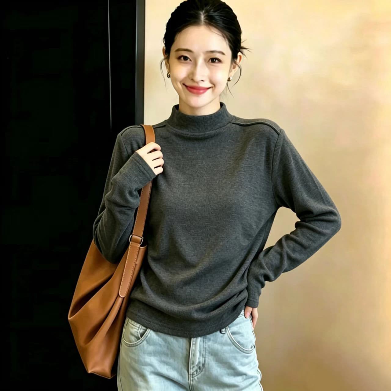 실사 빅 사이즈 여성 의류 루즈핏 슬림해 보이는 양면 플리스 De 플러시 만나는 가을 겨울 인사이드 가져 가라. 반하이넥 긴팔 보온 맨위 상세 이미지 3