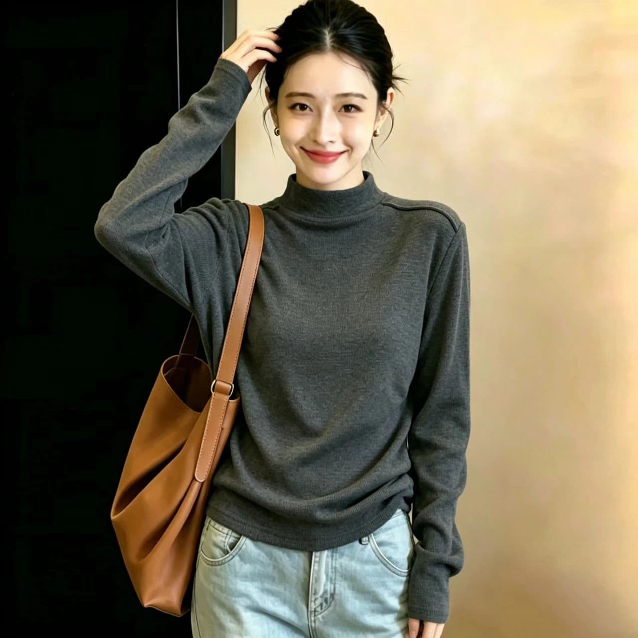 실사 빅 사이즈 여성 의류 루즈핏 슬림해 보이는 양면 플리스 De 플러시 만나는 가을 겨울 인사이드 가져 가라. 반하이넥 긴팔 보온 맨위 상세 이미지 5