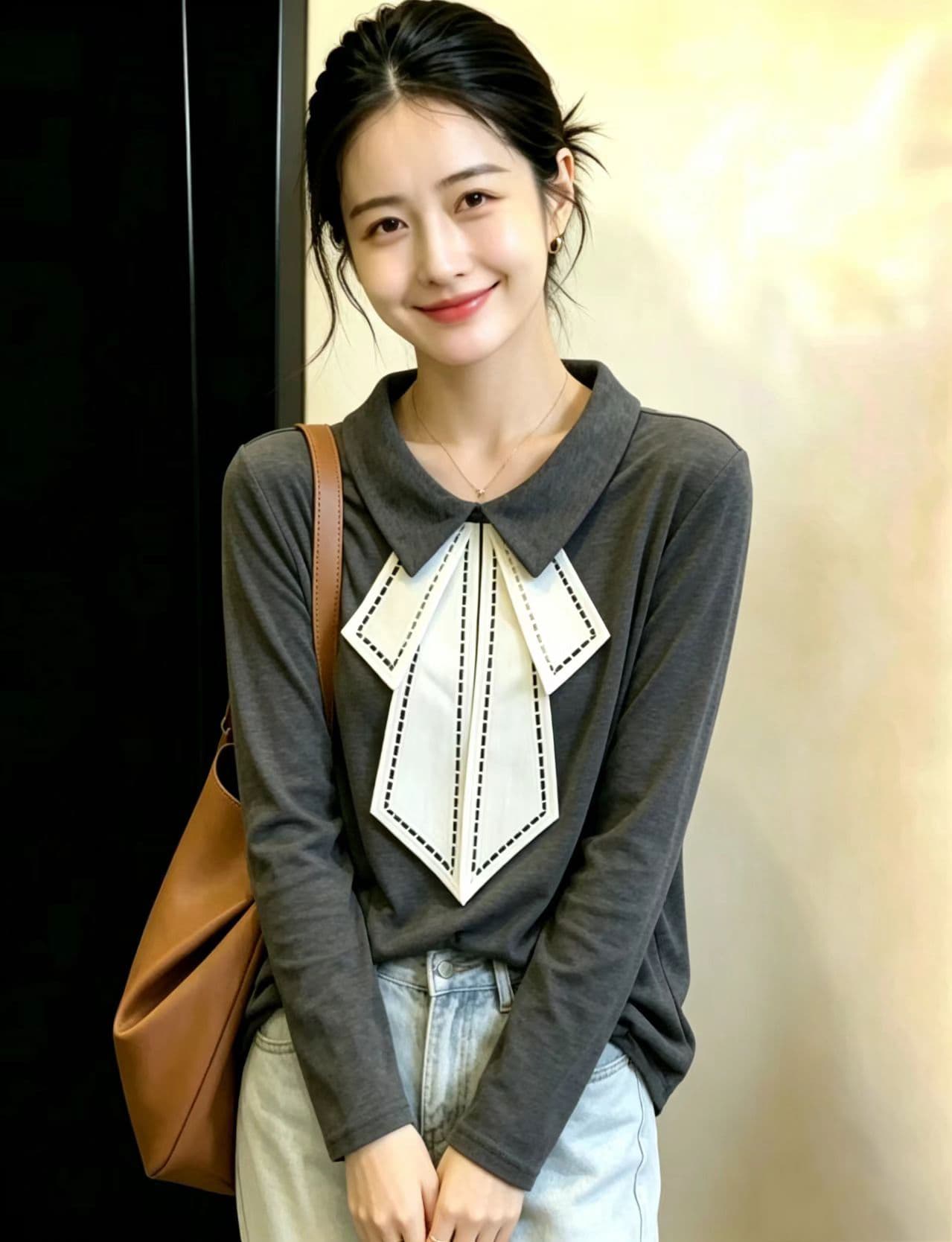 실사 봄 드레스 새로운 지방 mm 루즈핏 슬림해 보이는 POLO 칼라 디자인 센스 Chic 빅 사이즈 여성 의류 긴팔 티셔츠 맨위 이미지 4