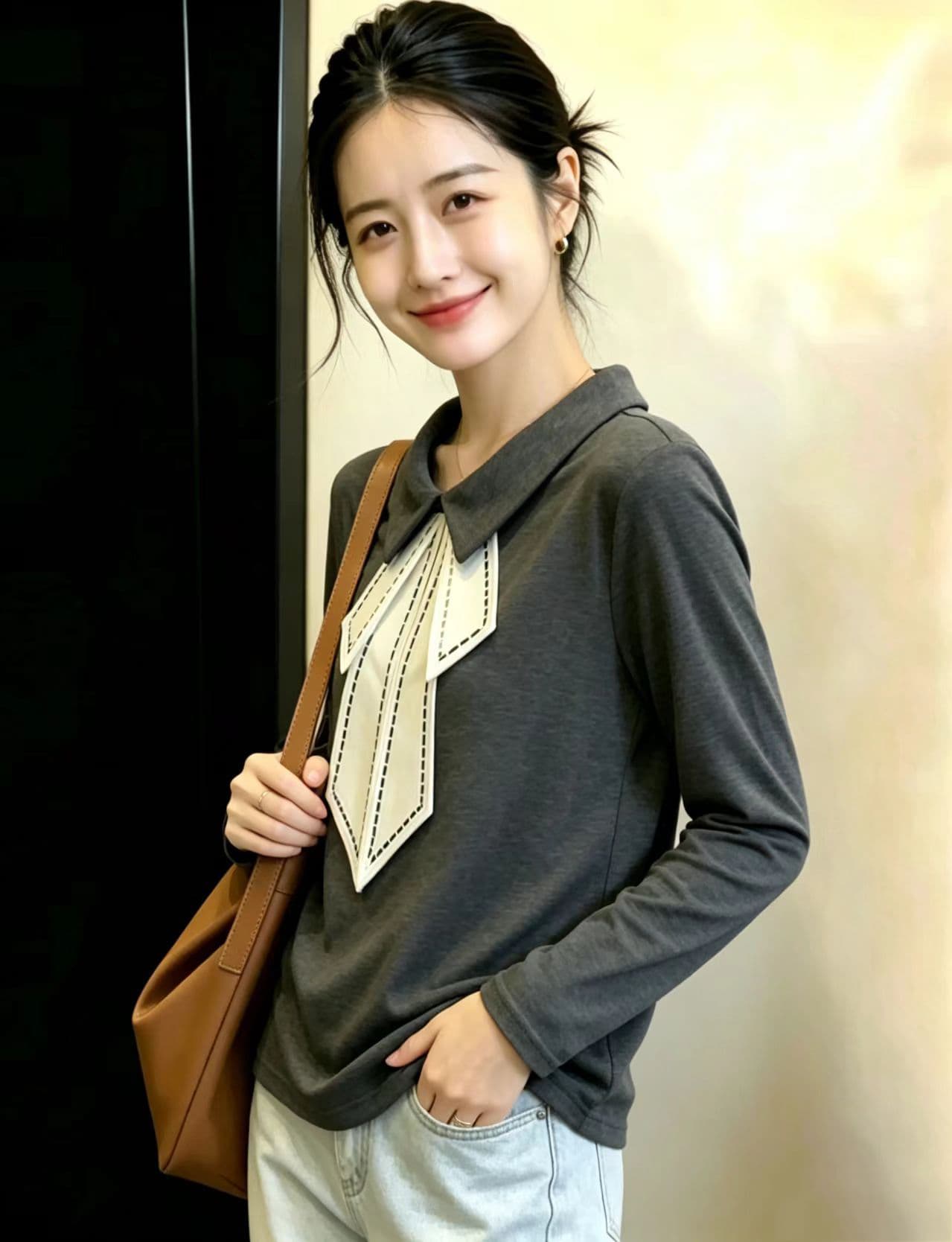 실사 봄 드레스 새로운 지방 mm 루즈핏 슬림해 보이는 POLO 칼라 디자인 센스 Chic 빅 사이즈 여성 의류 긴팔 티셔츠 맨위 상세 이미지 7