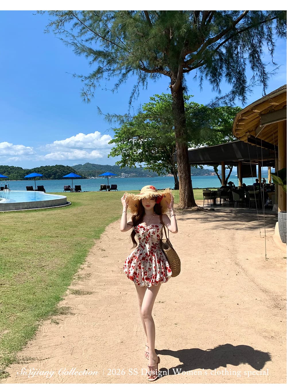 sisi jiang 장미 달콤한 차 캐주얼 휴가 바람 레트로 꽃무늬 나비 매듭 허리 수축 슬립 꽃밭 치마 상세 이미지 17