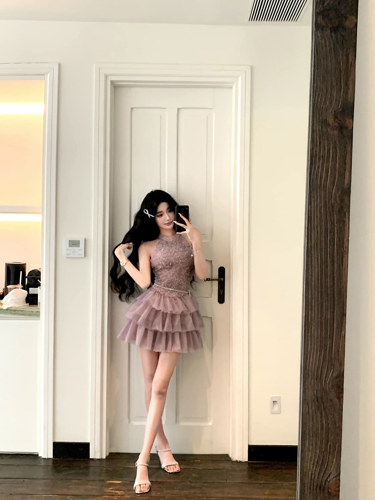 barb chill 안개 보라색 발레 향기로운 芋 보라색 자카드 여성 드레스 여름 순수한 욕망 행침 목 망사 미니 스커트 상세 이미지 10