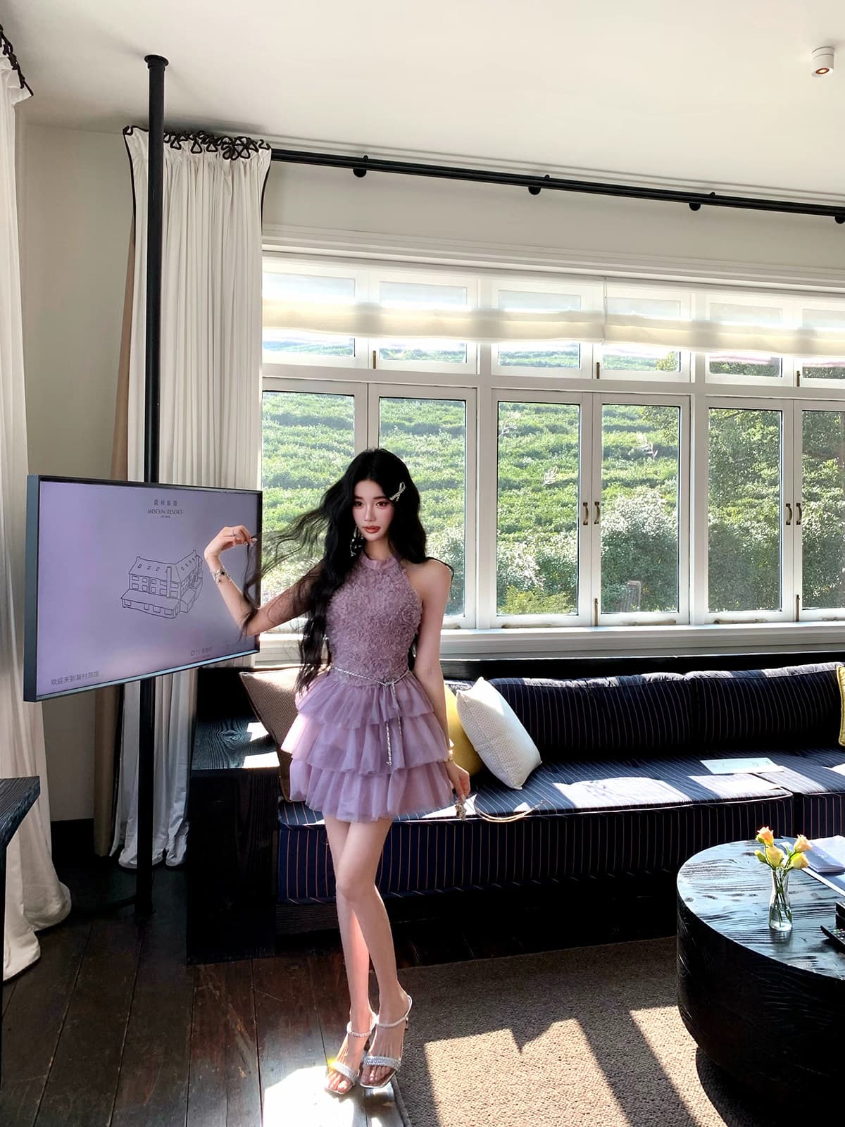 barb chill 안개 보라색 발레 향기로운 芋 보라색 자카드 여성 드레스 여름 순수한 욕망 행침 목 망사 미니 스커트 상세 이미지 11
