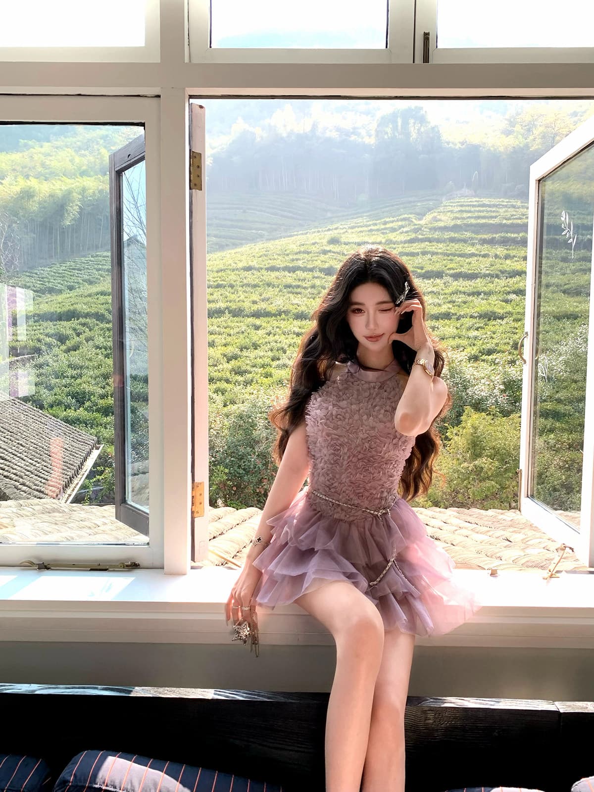 barb chill 안개 보라색 발레 향기로운 芋 보라색 자카드 여성 드레스 여름 순수한 욕망 행침 목 망사 미니 스커트 상세 이미지 13