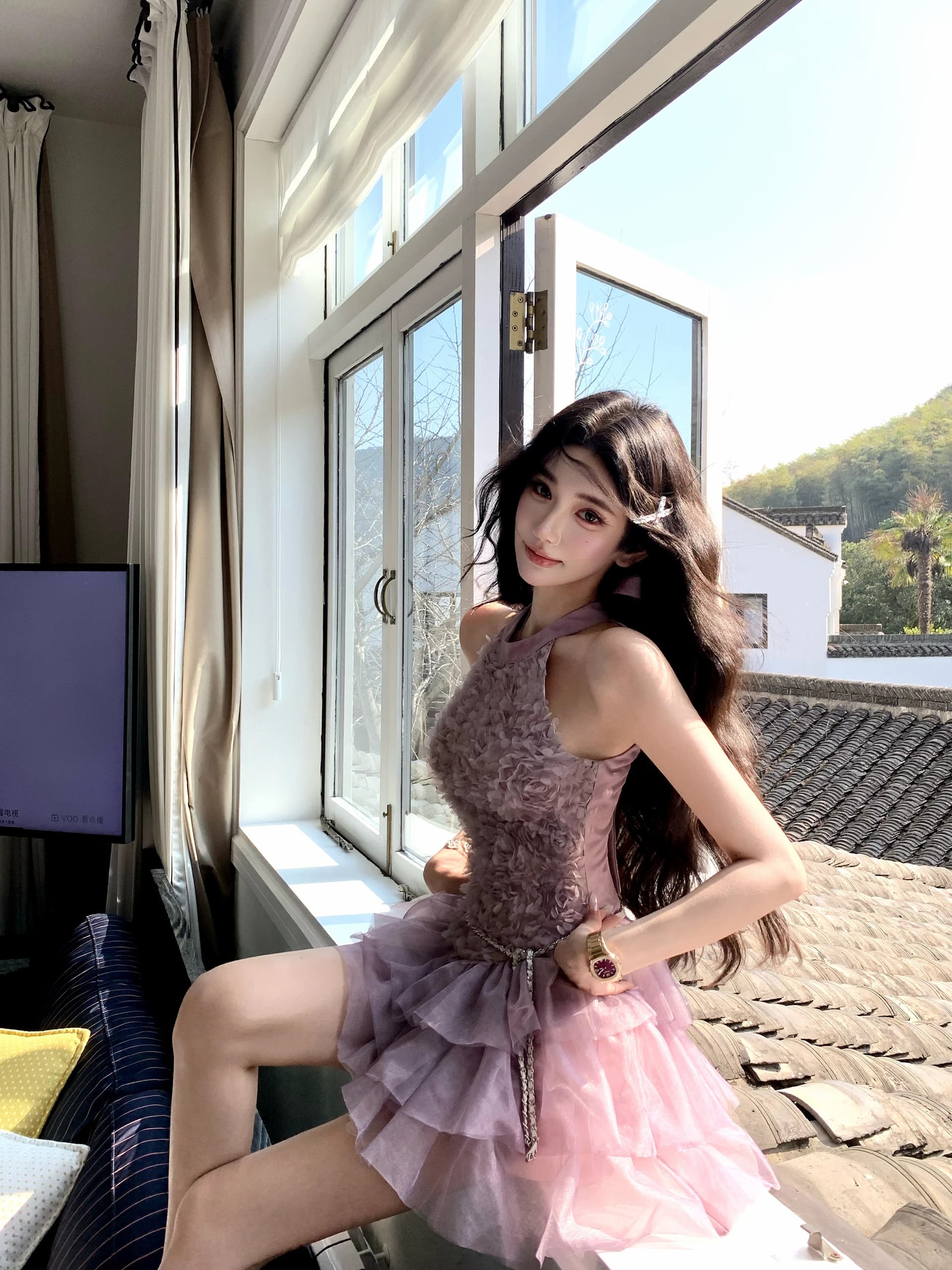 barb chill 안개 보라색 발레 향기로운 芋 보라색 자카드 여성 드레스 여름 순수한 욕망 행침 목 망사 미니 스커트 상세 이미지 30