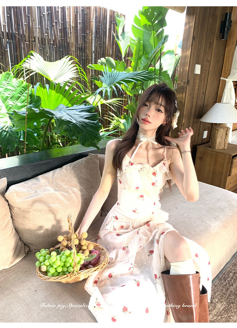 직물 돼지 fabricpig 하트 비트 장미 순수한 욕망 장미 꽃무늬 슬립 여성 드레스 여름 불규칙 롱 스커트 상세 이미지 5