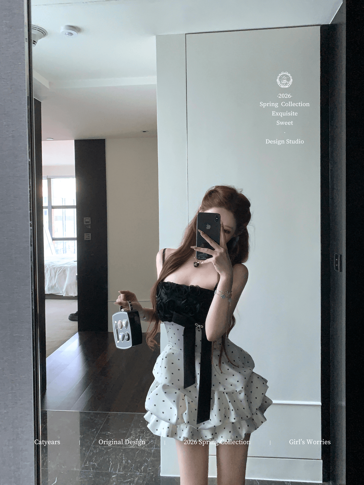 catyears 고양이 년 새끼 고양이 차 언어 프랑스식 느긋한 레트로 비싼 가스 도트 무늬 장미 튜브탑 퍼프 드레스 상세 이미지 35