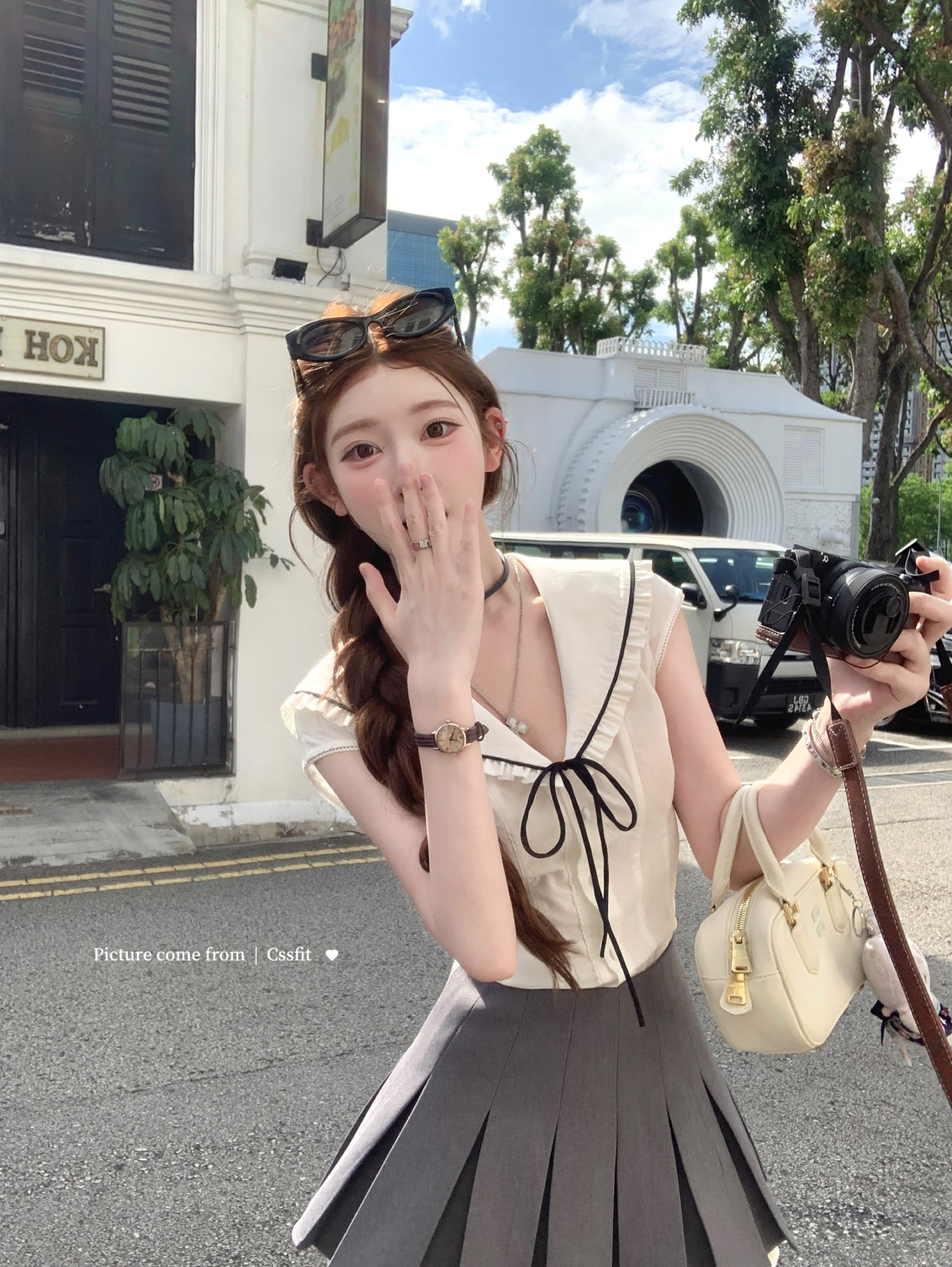 늦게 우산 우산 26 ss 항구 Breeze 쉬운 꿈 링 해군 스타일 셔츠 도트 무늬 레이스 면 소재 나비 매듭 반 스커트 이미지 3