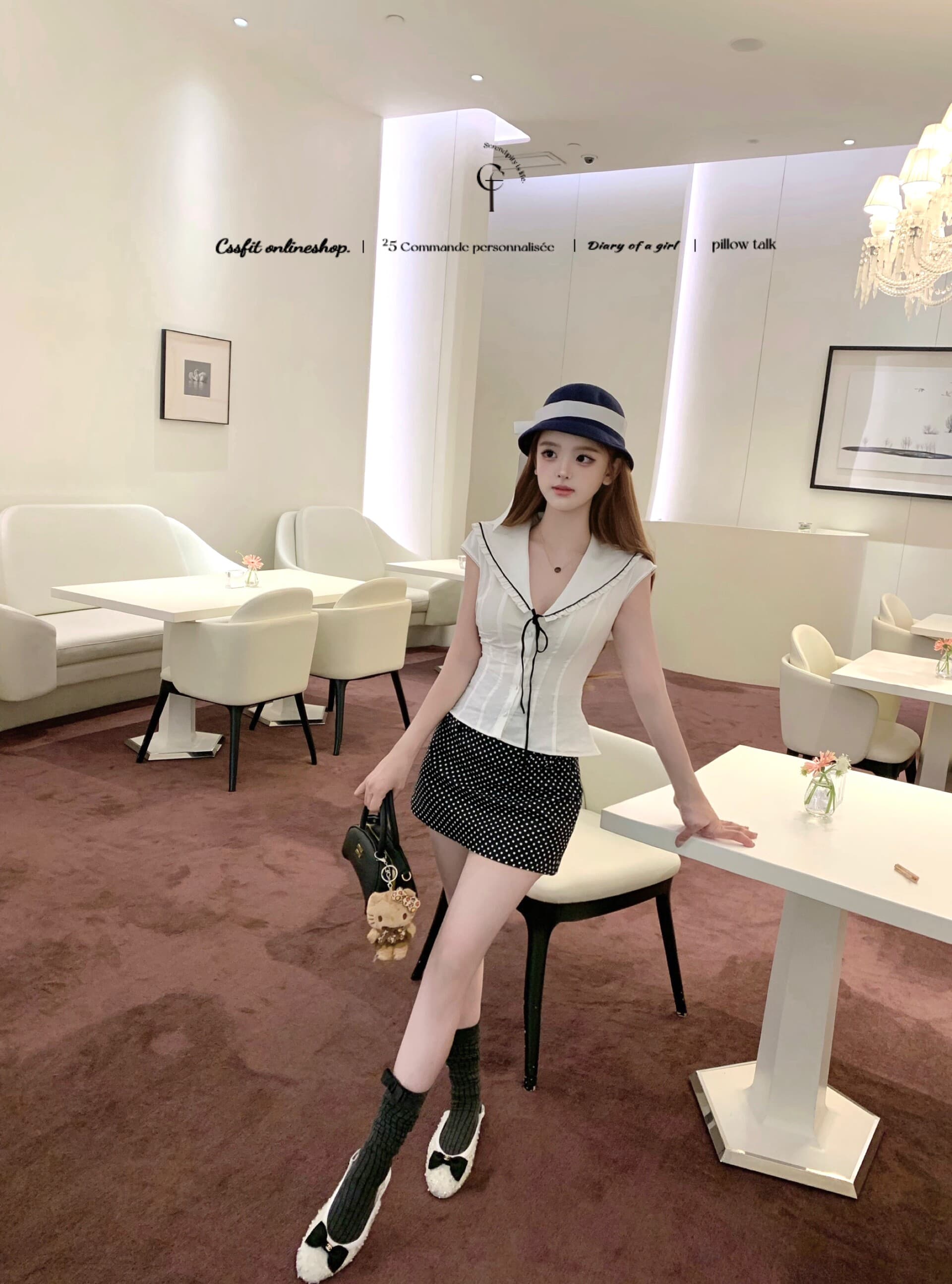 늦게 우산 우산 26 ss 항구 Breeze 쉬운 꿈 링 해군 스타일 셔츠 도트 무늬 레이스 면 소재 나비 매듭 반 스커트 상세 이미지 11