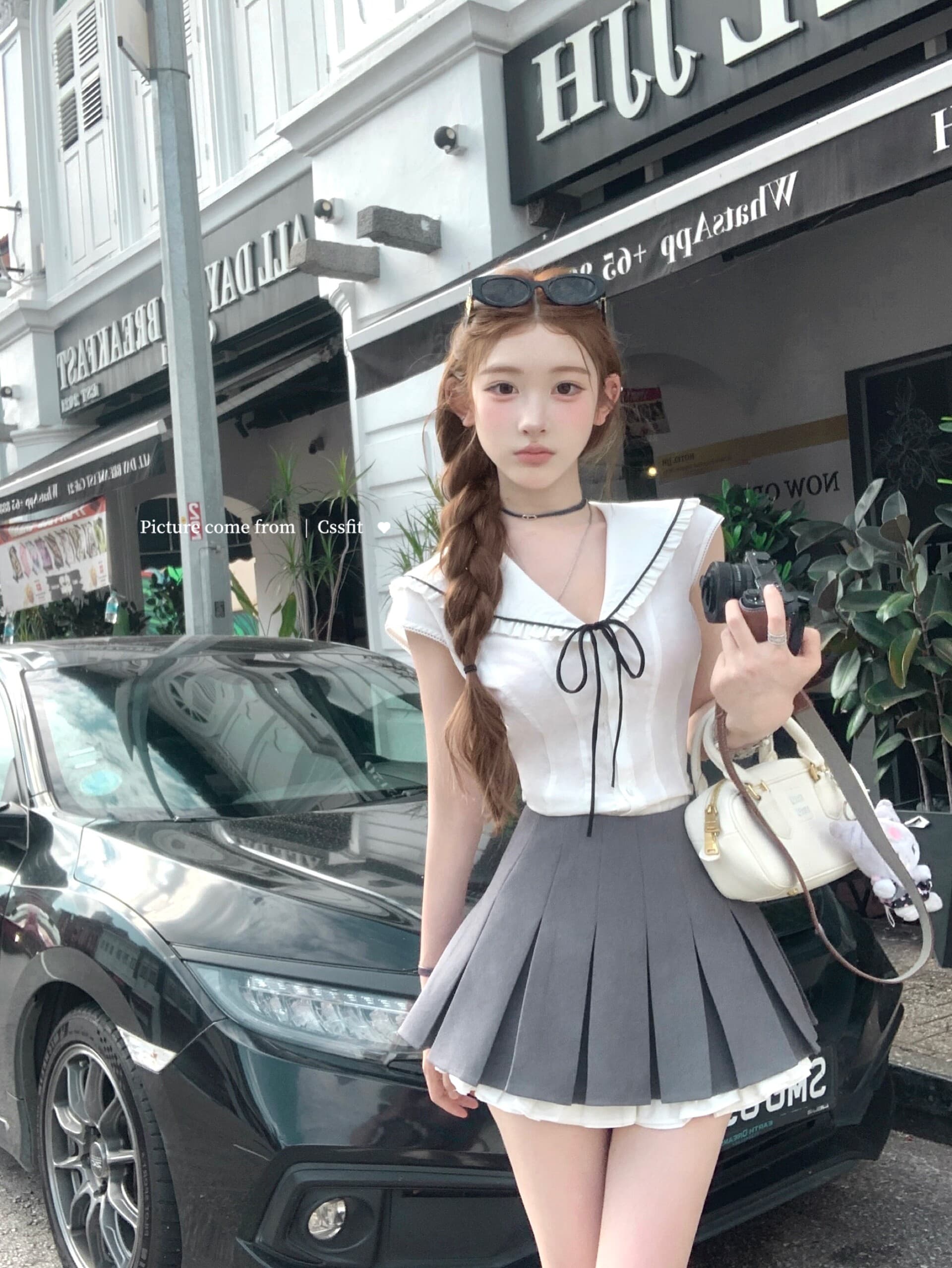 늦게 우산 우산 26 ss 항구 Breeze 쉬운 꿈 링 해군 스타일 셔츠 도트 무늬 레이스 면 소재 나비 매듭 반 스커트 상세 이미지 14