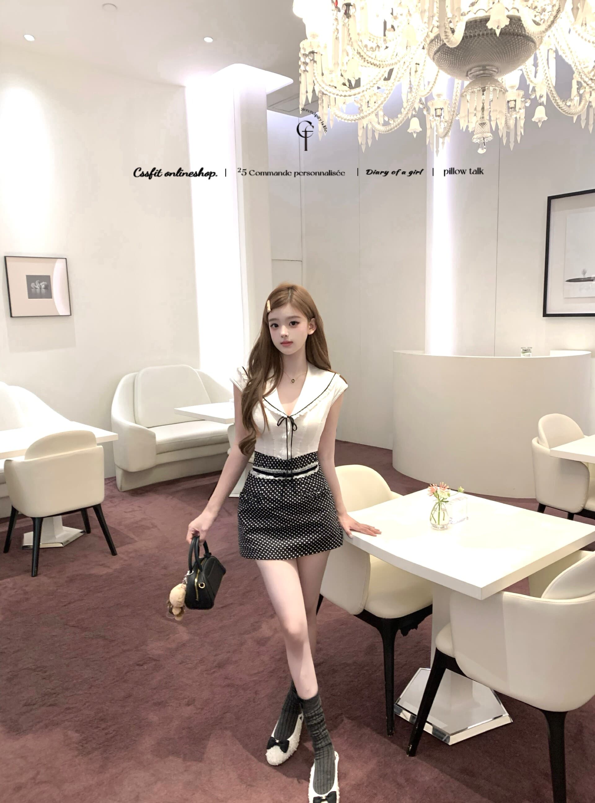 늦게 우산 우산 26 ss 항구 Breeze 쉬운 꿈 링 해군 스타일 셔츠 도트 무늬 레이스 면 소재 나비 매듭 반 스커트 상세 이미지 27
