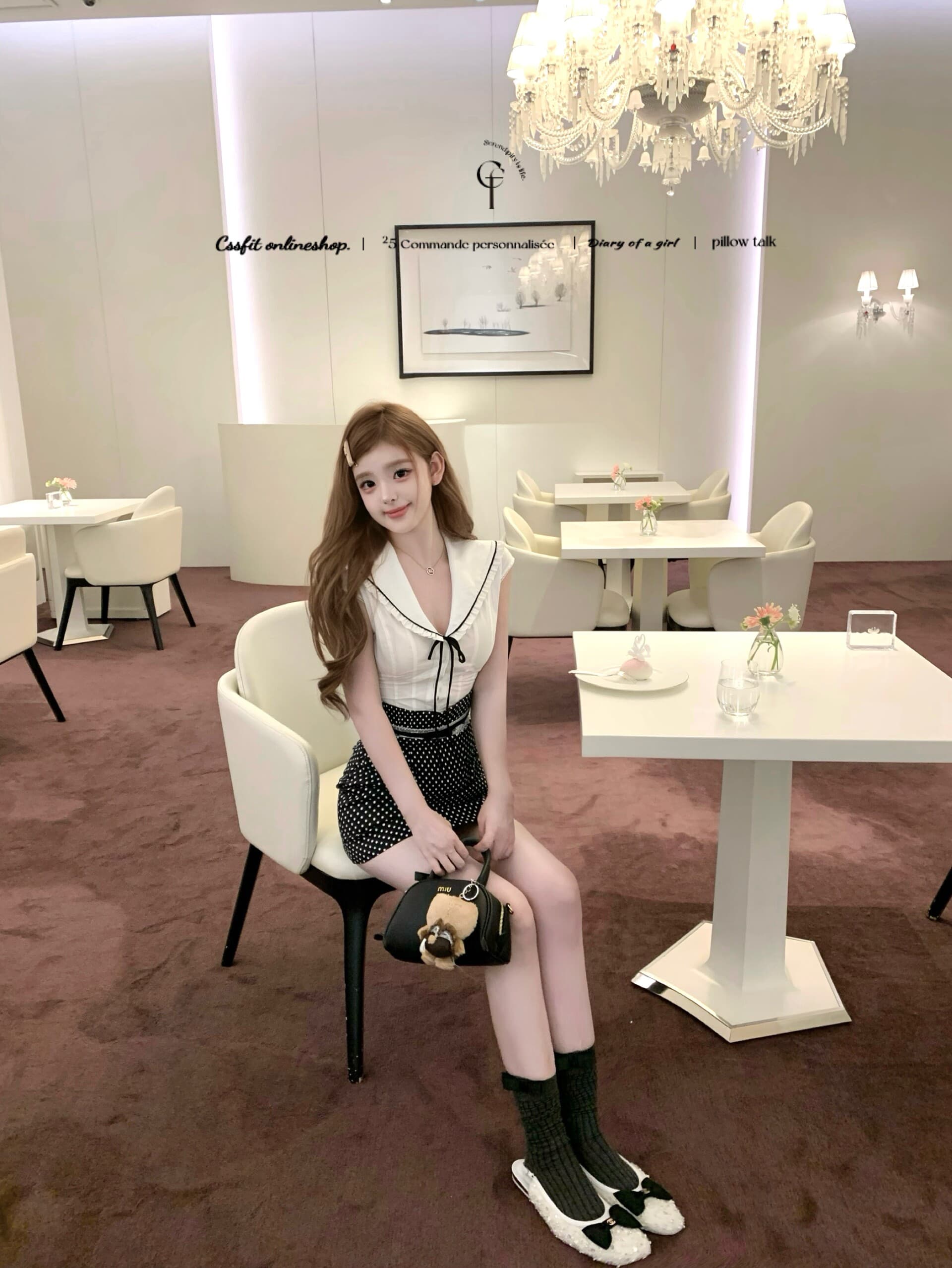 늦게 우산 우산 26 ss 항구 Breeze 쉬운 꿈 링 해군 스타일 셔츠 도트 무늬 레이스 면 소재 나비 매듭 반 스커트 상세 이미지 30