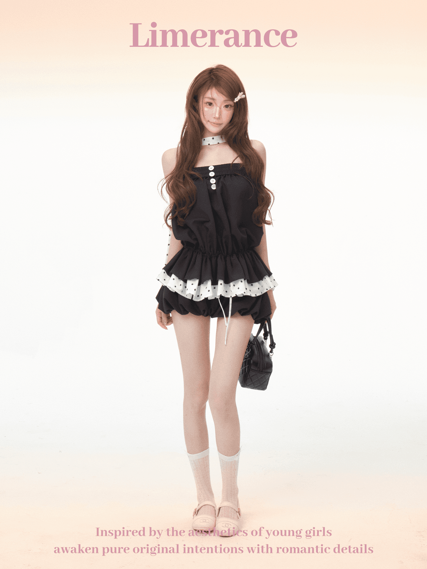 달콤한 배 지루한 체재 웨이 항구 저녁 바람 배색 도트 무늬 밴딩 튜브탑 꽃밭 맨위 리브 꽃밭 반바지 세트 여성 이미지 3