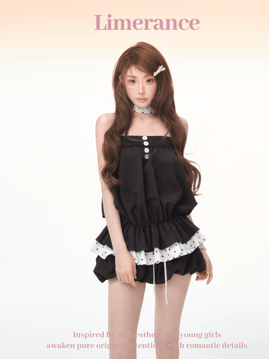 달콤한 배 지루한 체재 웨이 항구 저녁 바람 배색 도트 무늬 밴딩 튜브탑 꽃밭 맨위 리브 꽃밭 반바지 세트 여성 상세 이미지 13