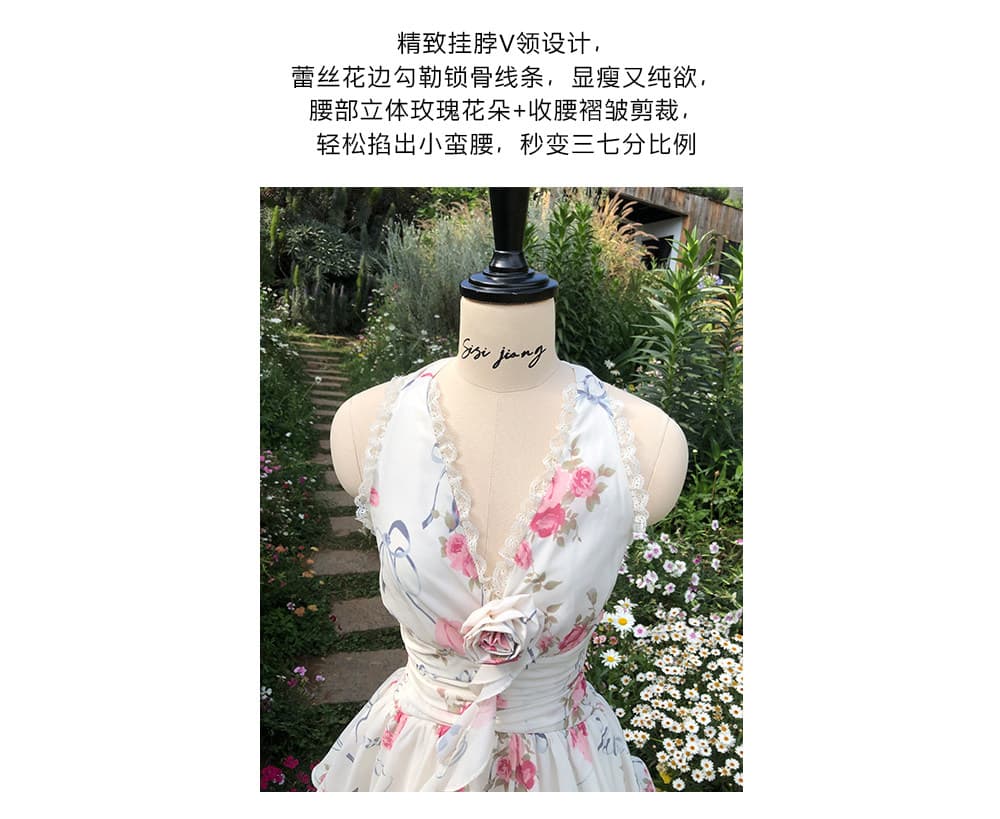 sisi jiang 세느 장미 프랑스식 휴가 바람 프린트 행침 목 케이크 롱 스커트 여성 V넥 드레스 상세 이미지 9