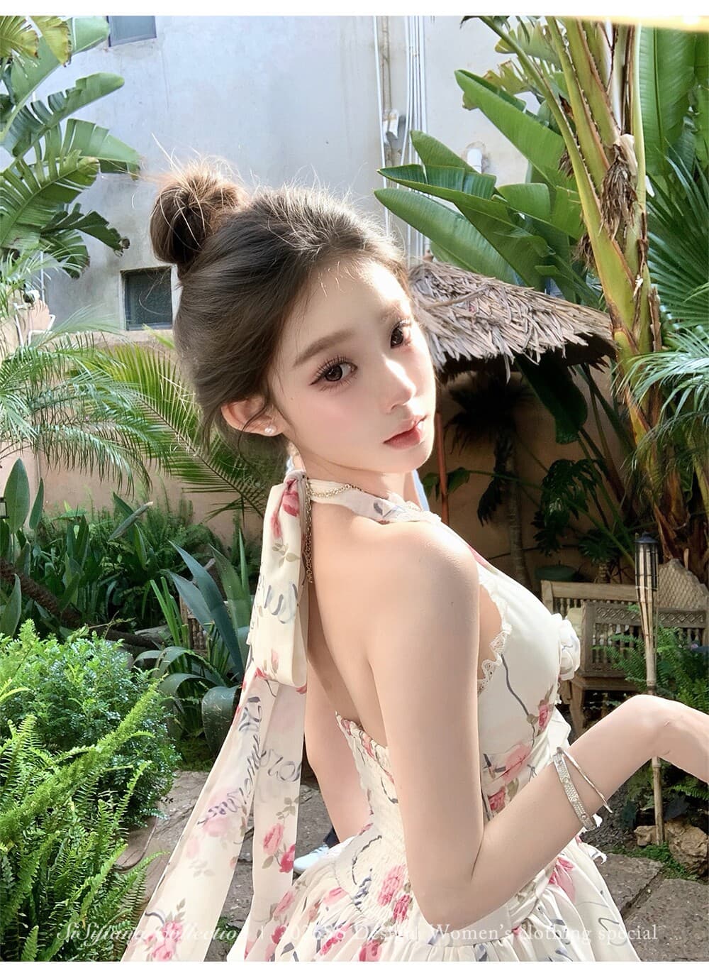 sisi jiang 세느 장미 프랑스식 휴가 바람 프린트 행침 목 케이크 롱 스커트 여성 V넥 드레스 상세 이미지 24