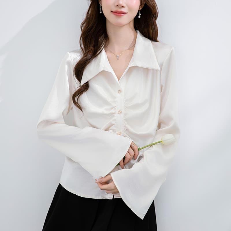 있음 선적 실사 2026 가을 새로운 한국 스타일 다용도 주름 장식 긴팔 셔츠 여성 셔츠 여성 셔츠 이미지 4
