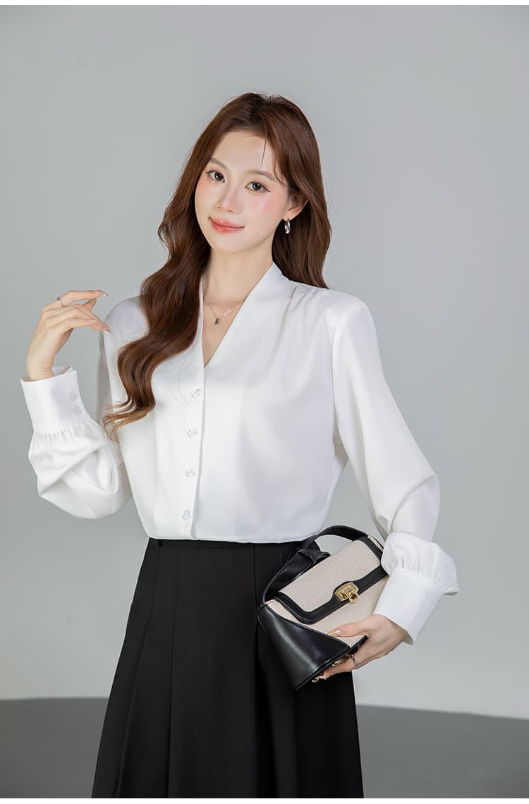 있음 선적 실사 2026 가을 새로운 다용도 V넥 싱글 줄 버튼 긴팔 셔츠 여성 셔츠 봄 상세 이미지 14