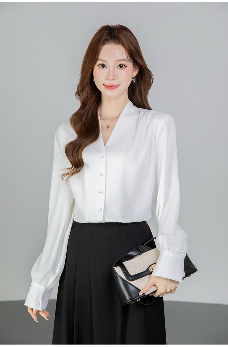 있음 선적 실사 2026 가을 새로운 다용도 V넥 싱글 줄 버튼 긴팔 셔츠 여성 셔츠 봄 상세 이미지 16