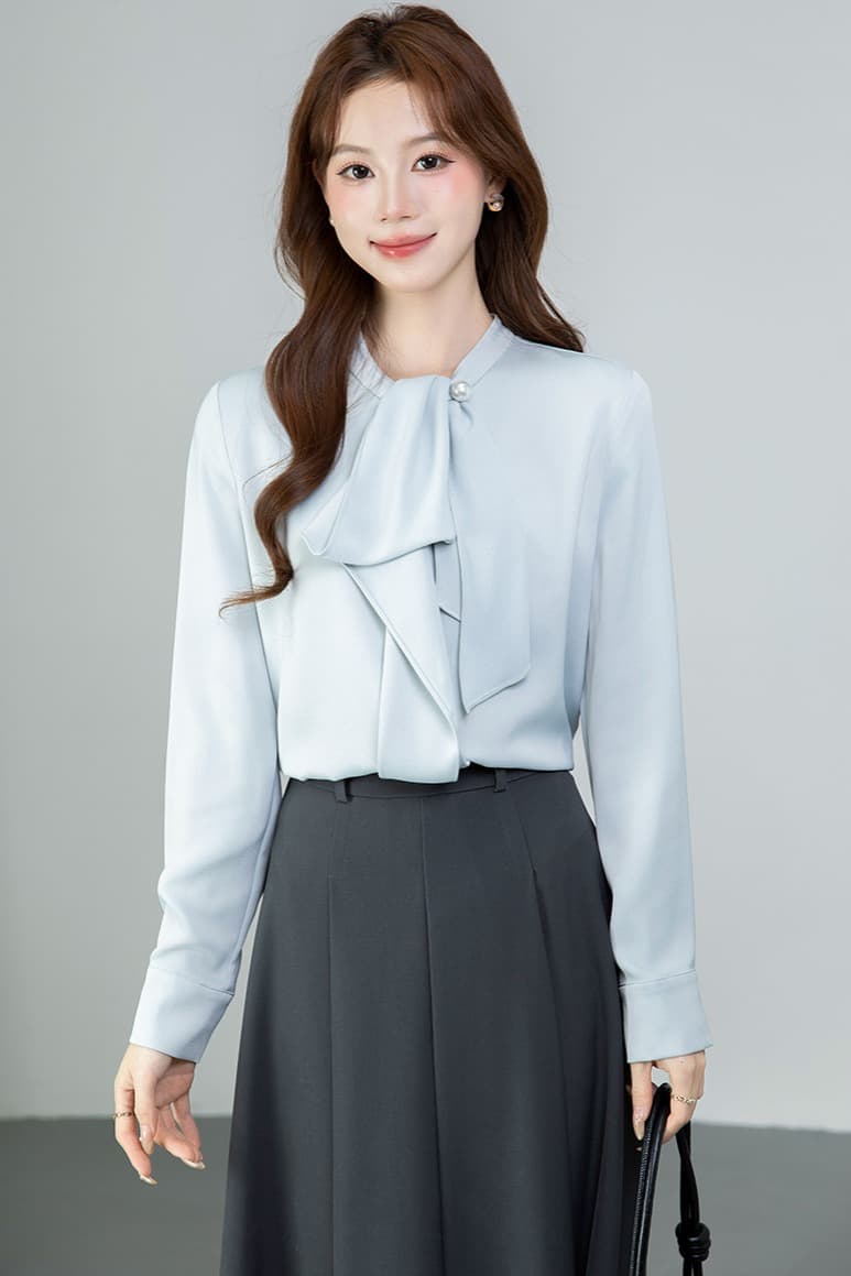 있음 선적 실사 2026 가을 새로운 다용도 나비 매듭 긴팔 셔츠 여성 셔츠 이미지 7