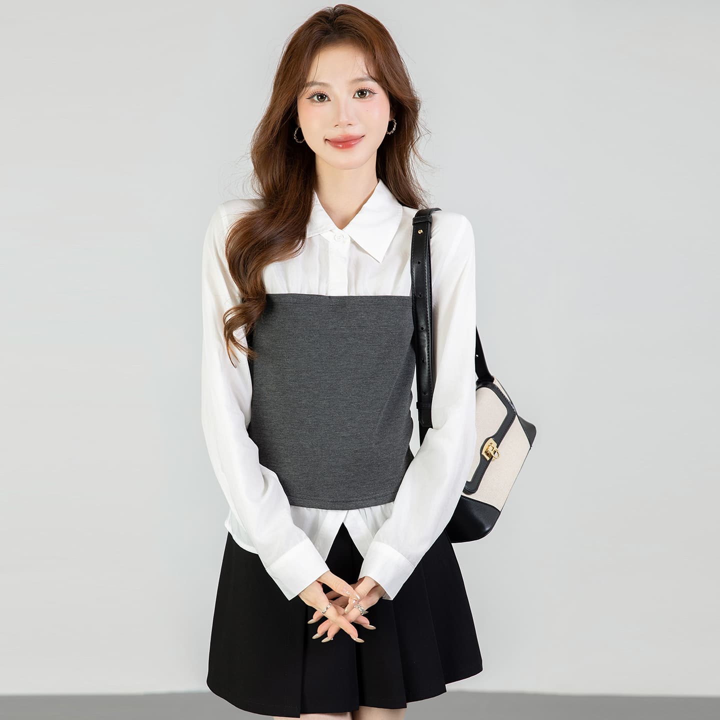있음 선적 실사 2026 가을 새로운 새로운 다용도 패치워크 페이크 레이어드 긴팔 셔츠 여성 셔츠 가을 이미지 5