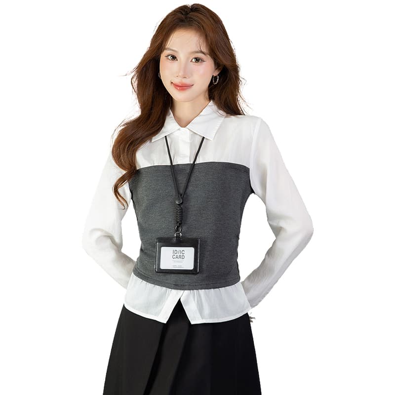 있음 선적 실사 2026 가을 새로운 새로운 다용도 패치워크 페이크 레이어드 긴팔 셔츠 여성 셔츠 가을 이미지 6