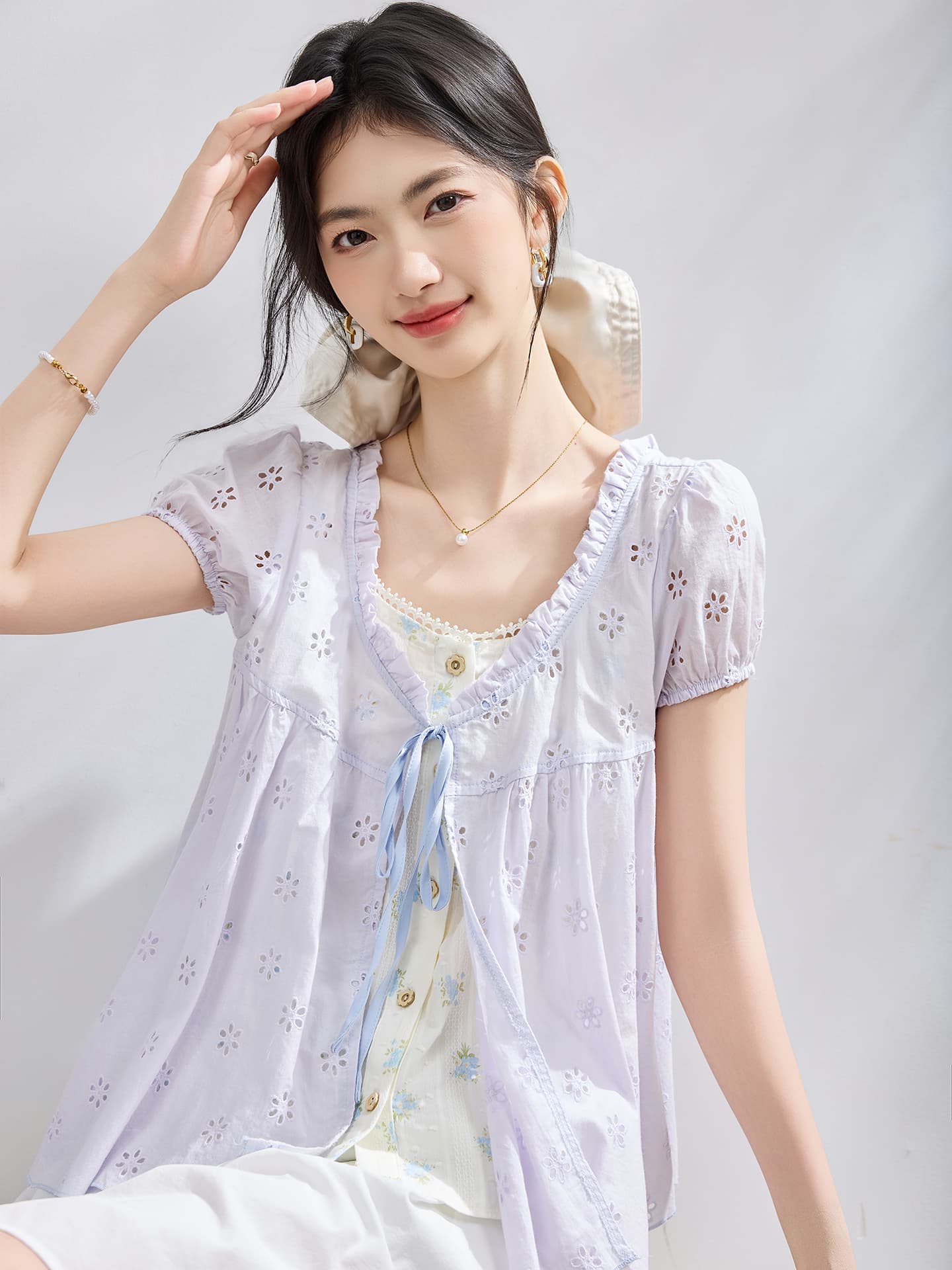 패치워크 배색 페이크 레이어드 반팔 여성 셔츠 2026 여름 새로운 디자인 센스 프랑스식 달콤함 인형 셔츠 맨위 이미지 4